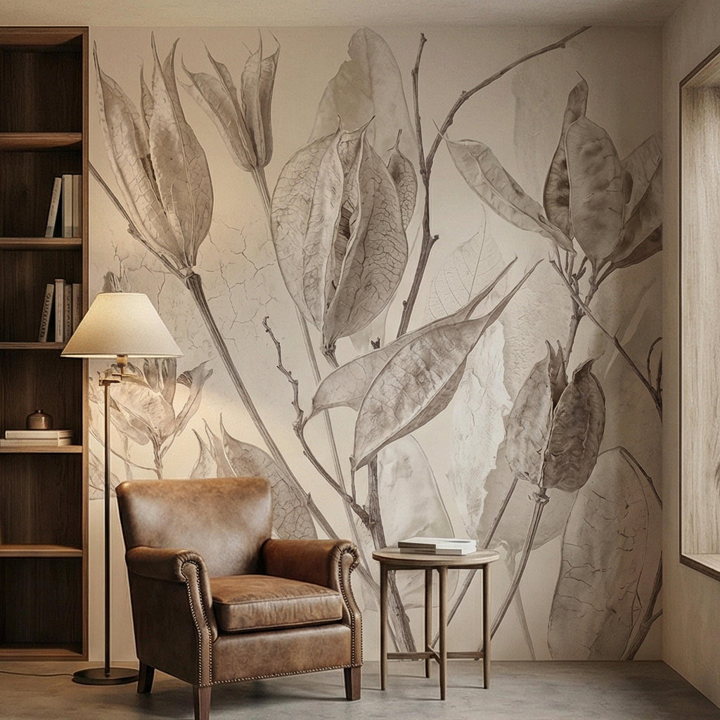 Neutral Botanical Peel and Stick Wall Mural, Soft Beige Dried Leaf, Minimal Organic Nature Textured Wallpaper