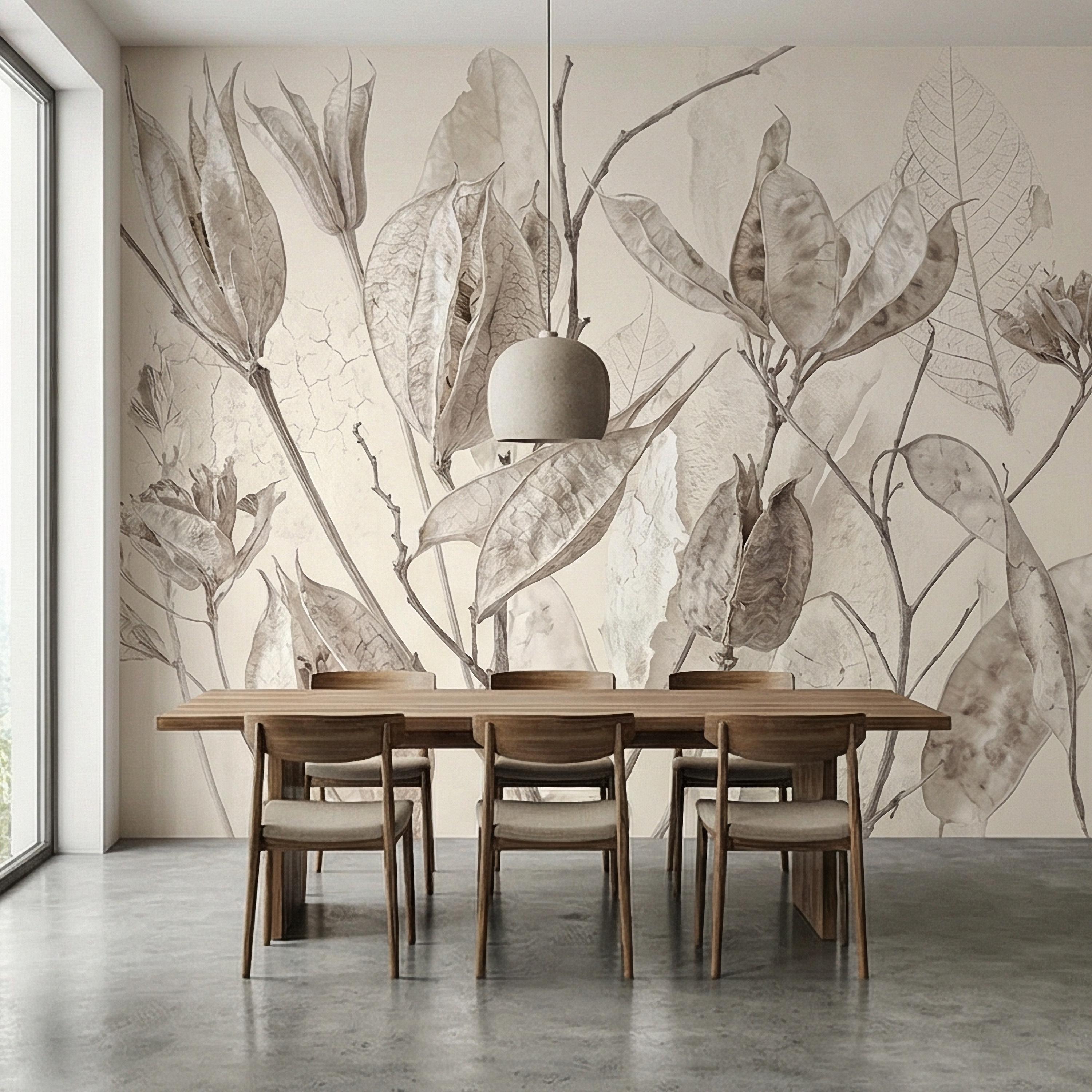 Neutral Botanical Peel and Stick Wall Mural, Soft Beige Dried Leaf, Minimal Organic Nature Textured Wallpaper