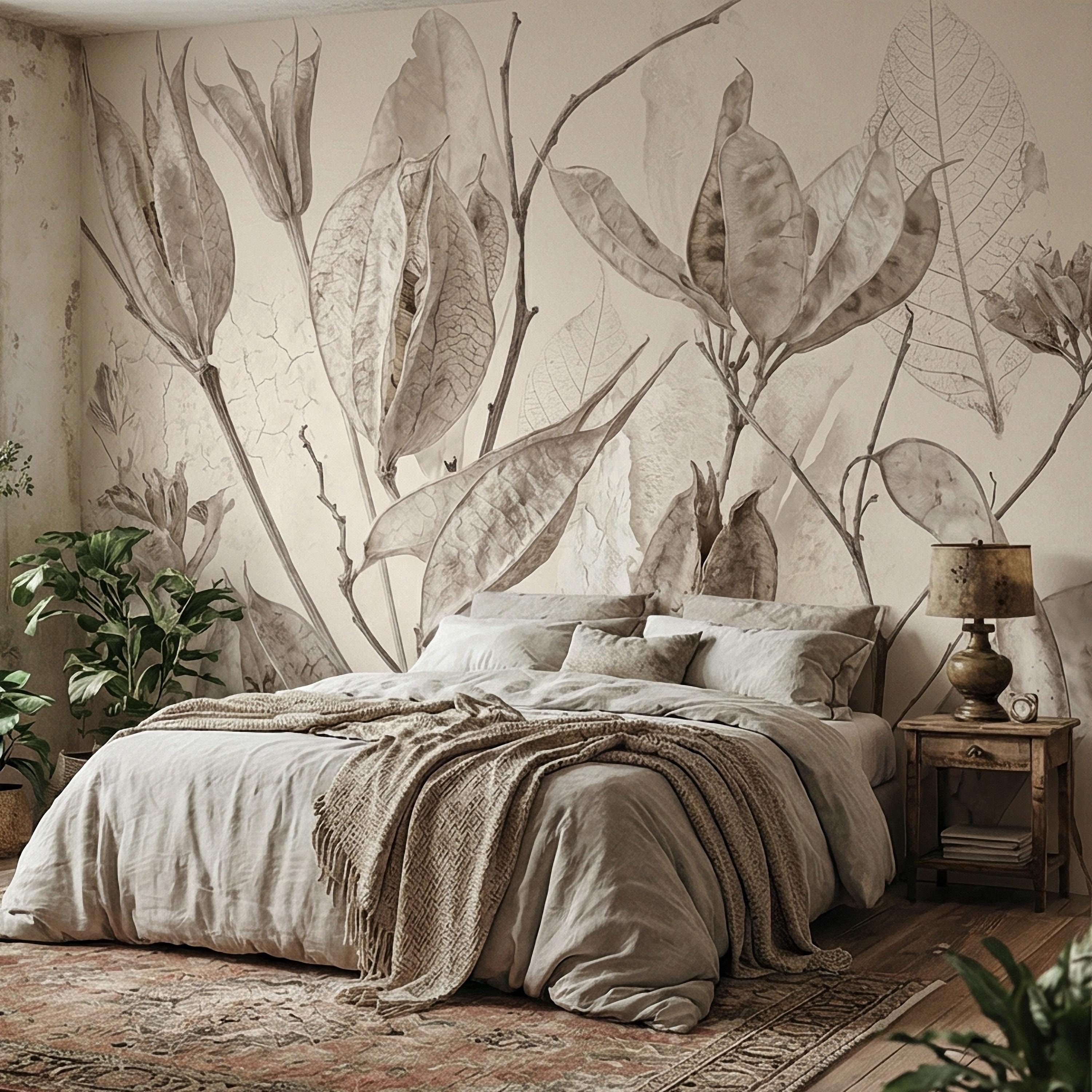 Neutral Botanical Peel and Stick Wall Mural, Soft Beige Dried Leaf, Minimal Organic Nature Textured Wallpaper