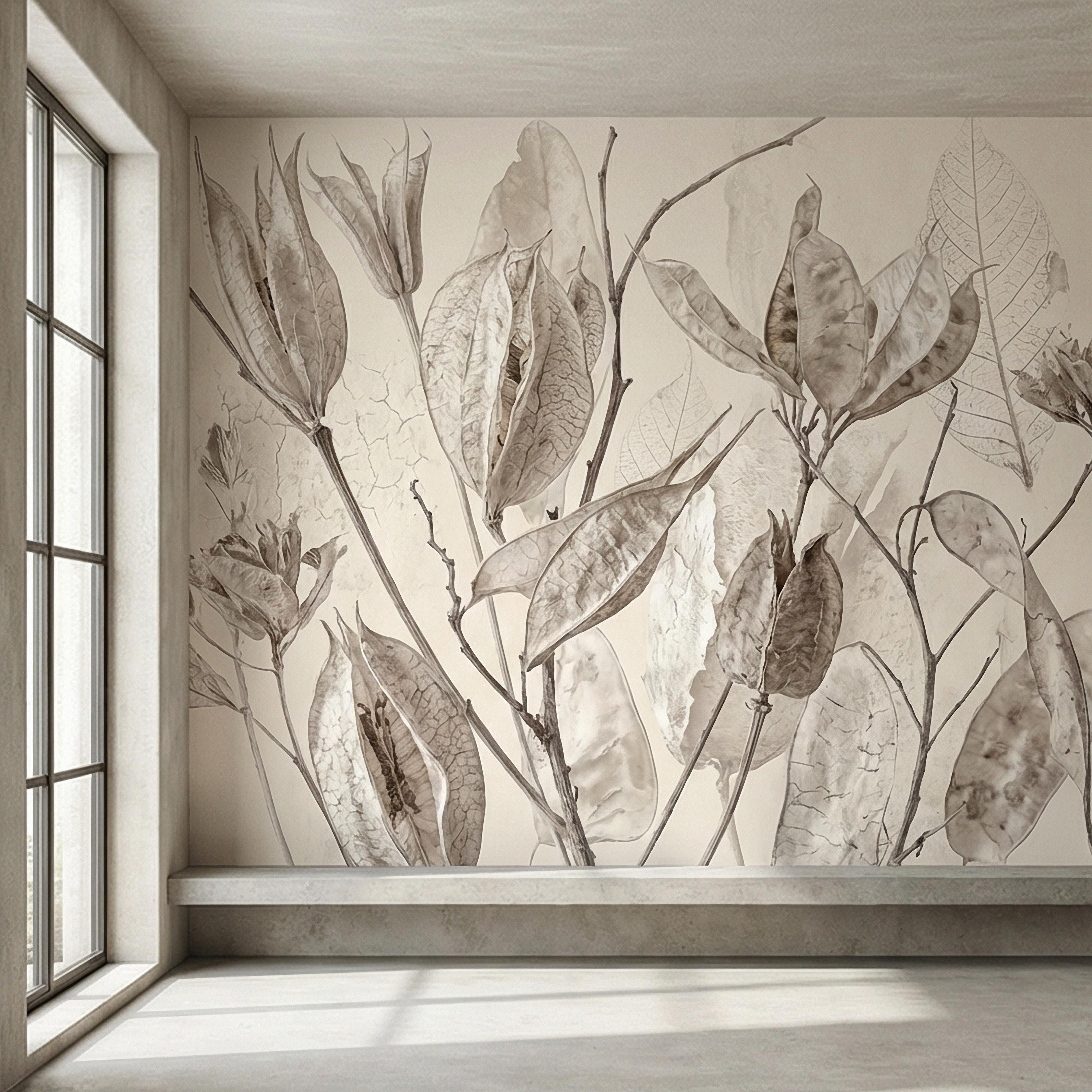 Neutral Botanical Peel and Stick Wall Mural, Soft Beige Dried Leaf, Minimal Organic Nature Textured Wallpaper