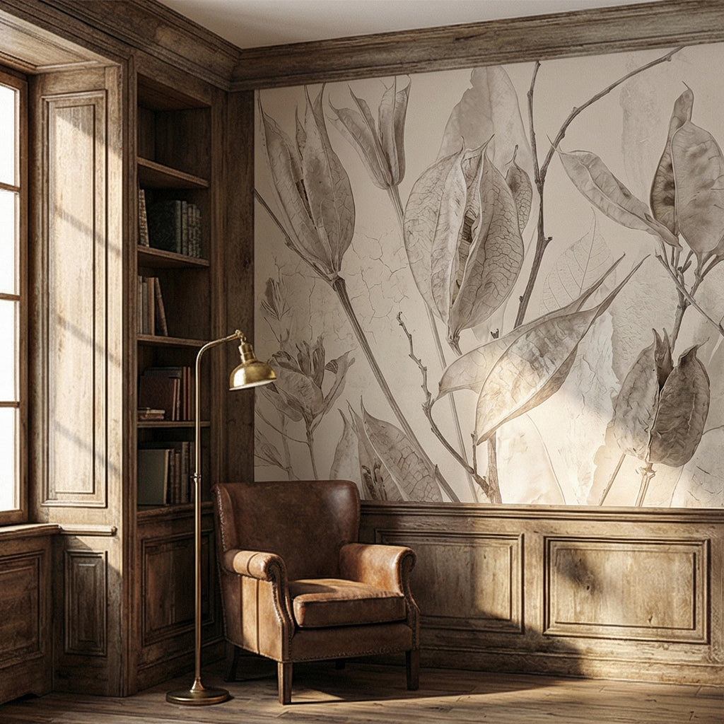 Neutral Botanical Peel and Stick Wall Mural, Soft Beige Dried Leaf, Minimal Organic Nature Textured Wallpaper