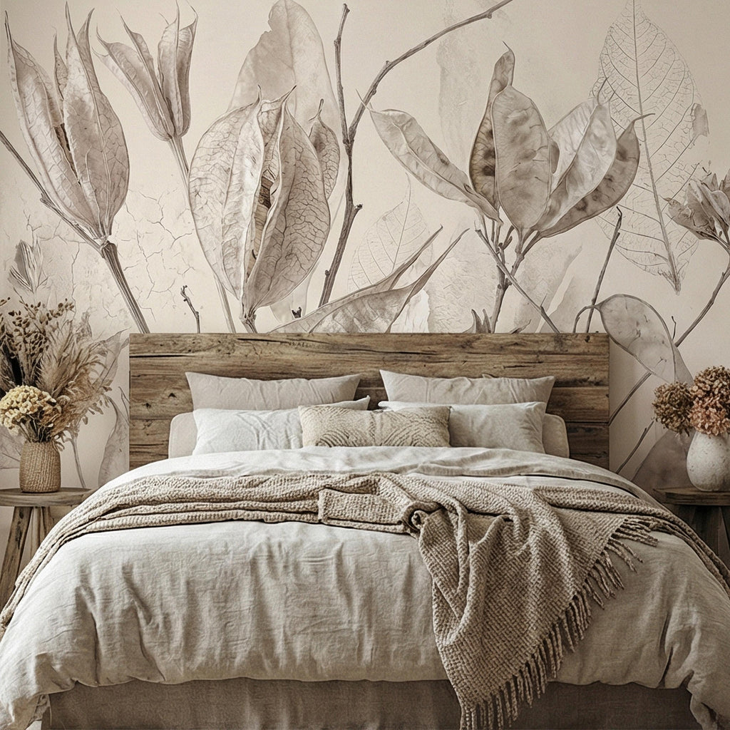 Neutral Botanical Peel and Stick Wall Mural, Soft Beige Dried Leaf, Minimal Organic Nature Textured Wallpaper