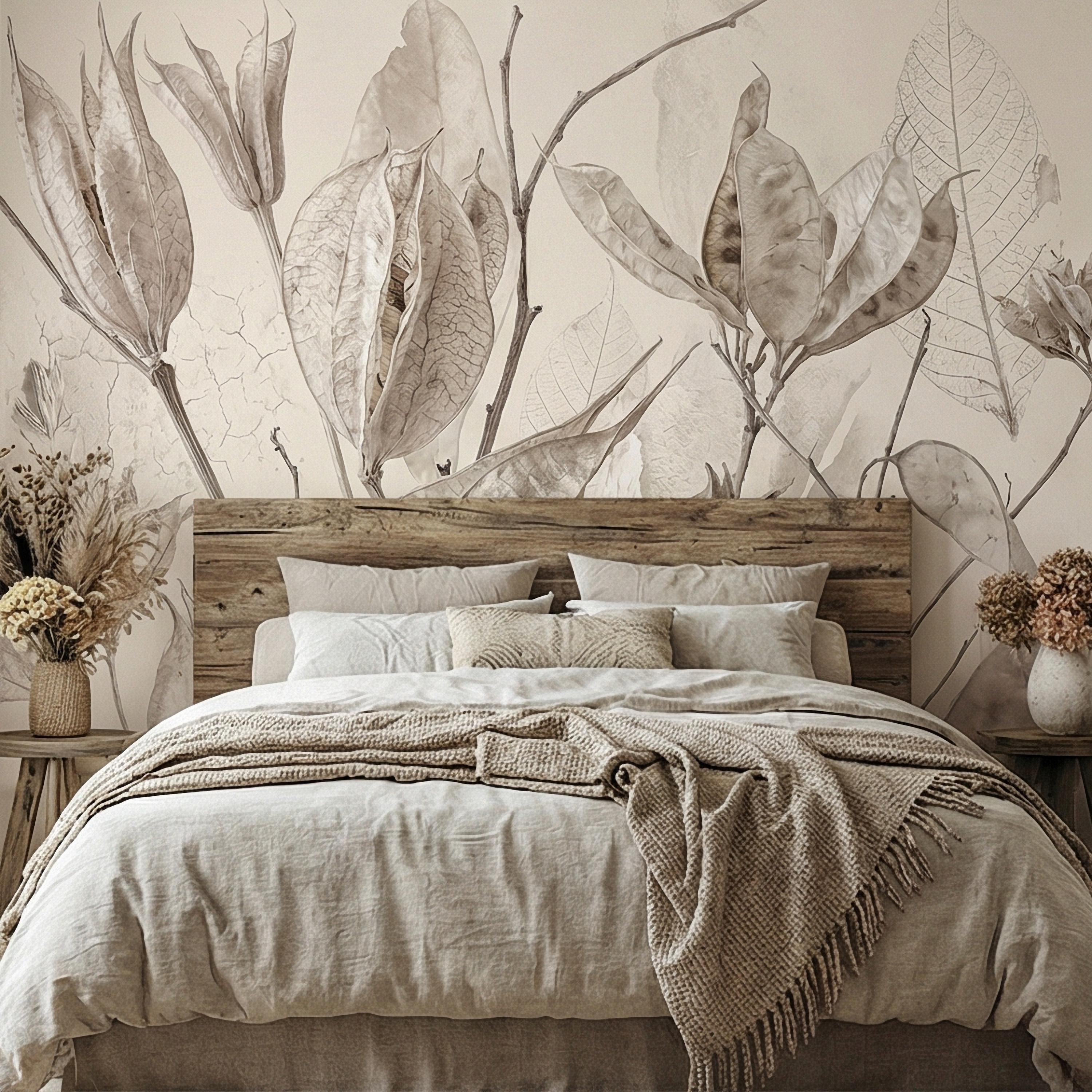 Neutral Botanical Peel and Stick Wall Mural, Soft Beige Dried Leaf, Minimal Organic Nature Textured Wallpaper