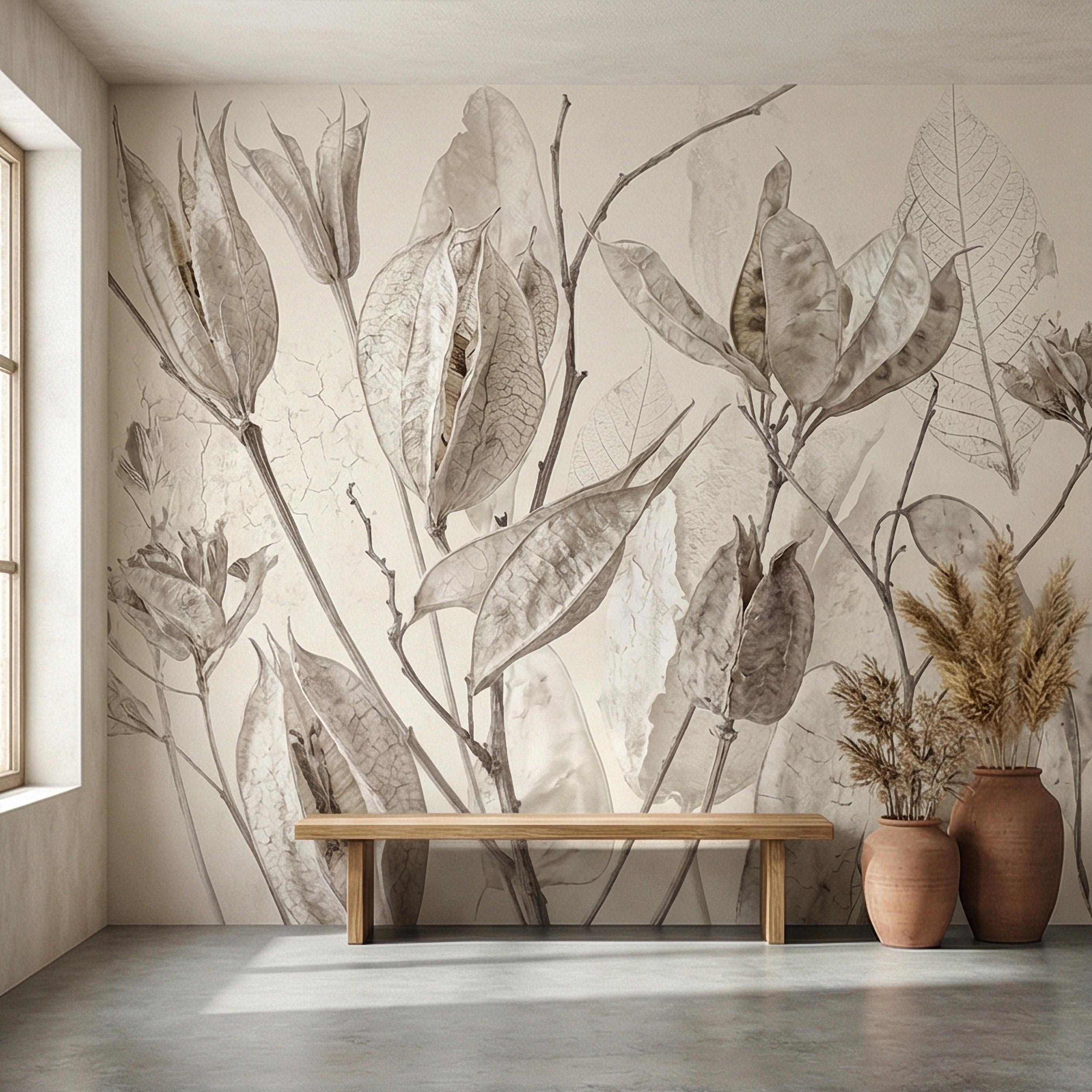 Neutral Botanical Peel and Stick Wall Mural, Soft Beige Dried Leaf, Minimal Organic Nature Textured Wallpaper