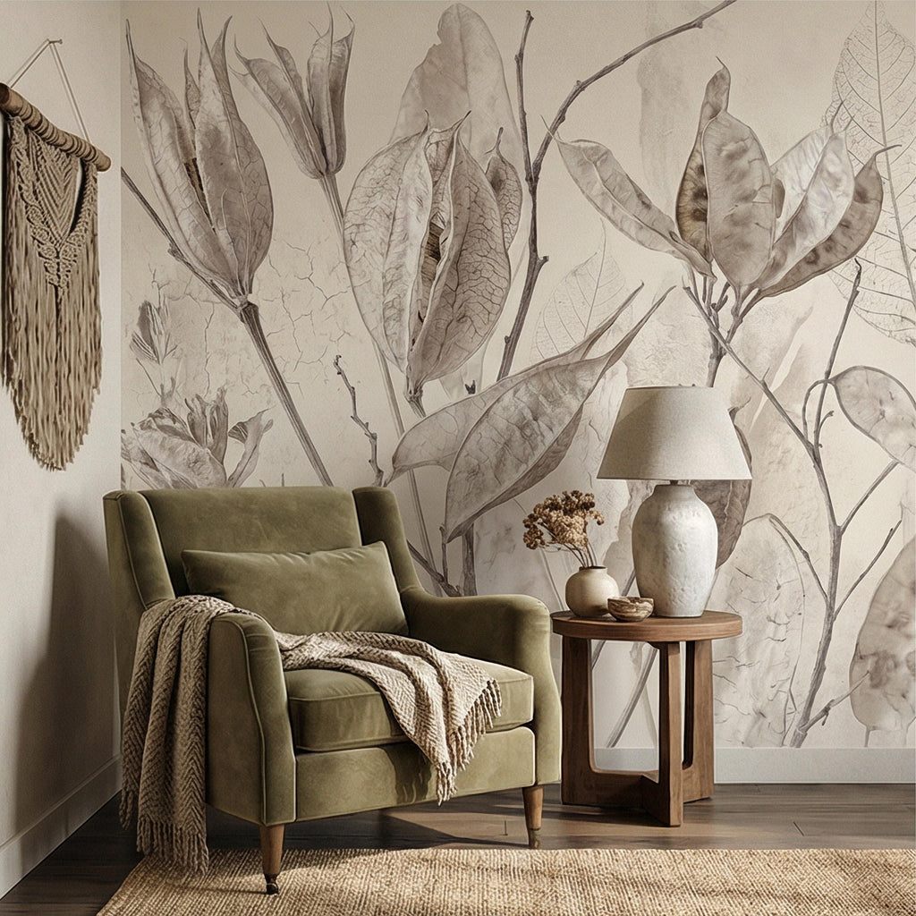 Neutral Botanical Peel and Stick Wall Mural, Soft Beige Dried Leaf, Minimal Organic Nature Textured Wallpaper