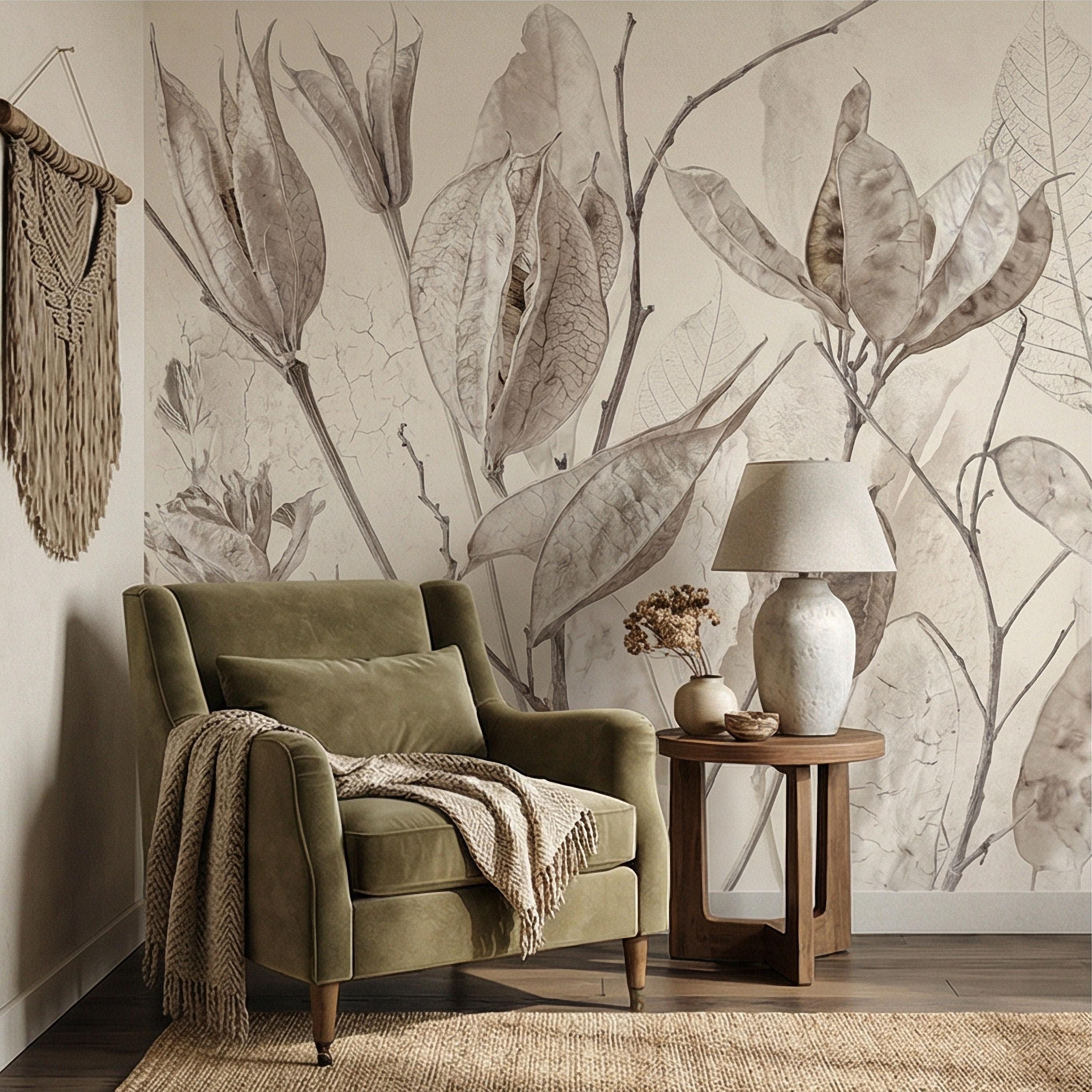 Neutral Botanical Peel and Stick Wall Mural, Soft Beige Dried Leaf, Minimal Organic Nature Textured Wallpaper