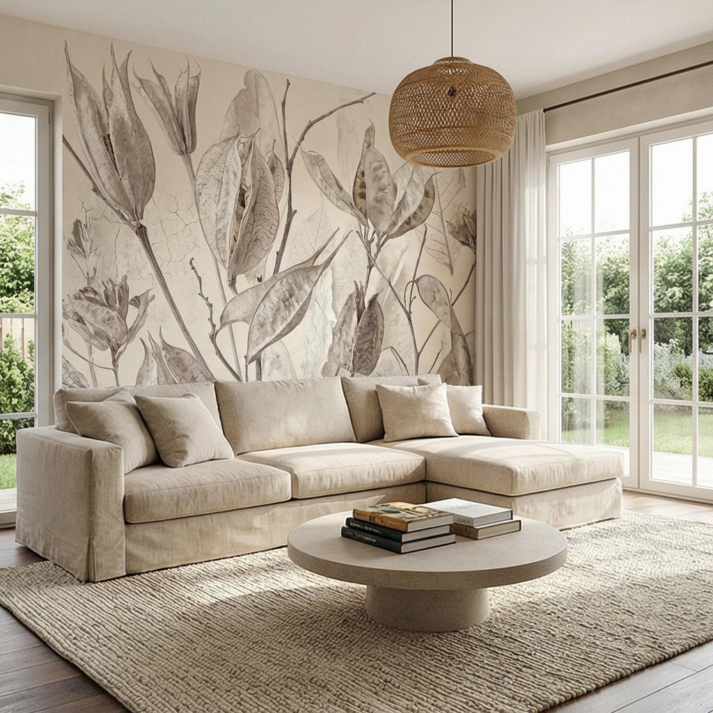 Neutral Botanical Peel and Stick Wall Mural, Soft Beige Dried Leaf, Minimal Organic Nature Textured Wallpaper