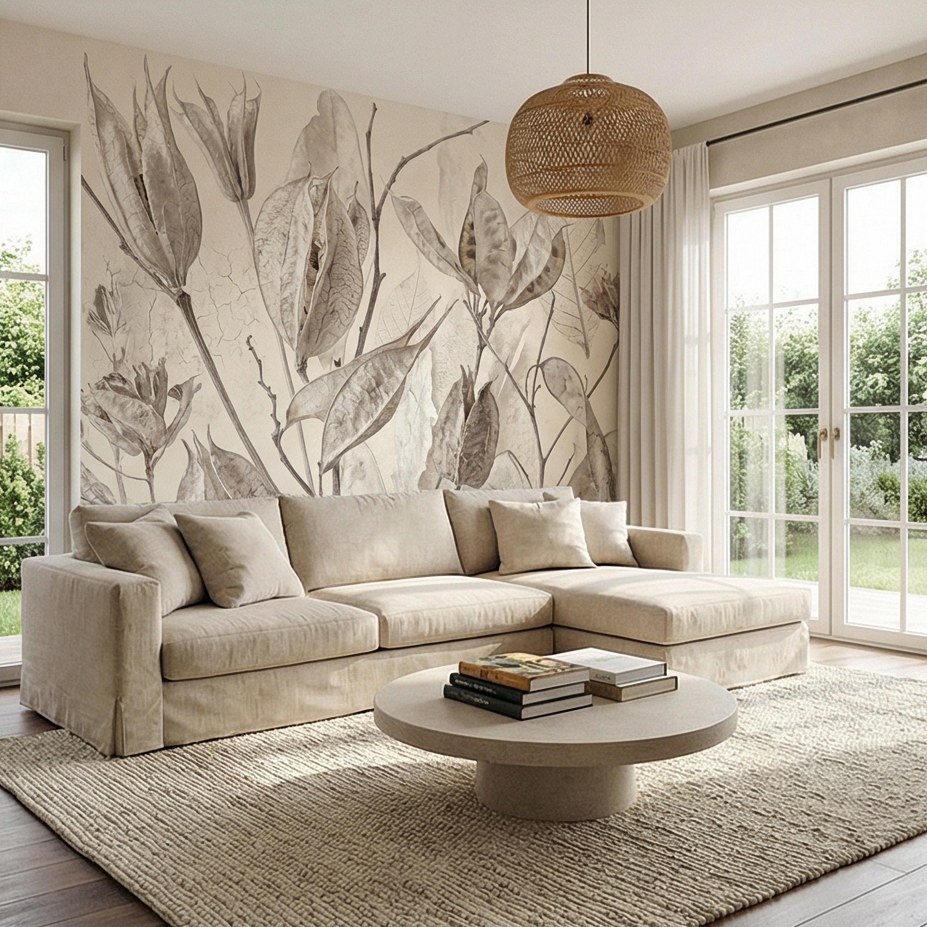 Neutral Botanical Peel and Stick Wall Mural, Soft Beige Dried Leaf, Minimal Organic Nature Textured Wallpaper