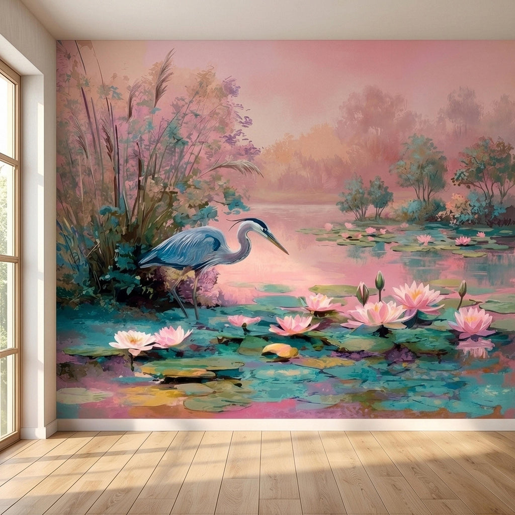 Blue Heron at Pink Lotus Pond Sunrise Serene Peel and Stick Wall Mural, Water Lily Lake Botanical Landscape Pastel Watercolor Wallpaper