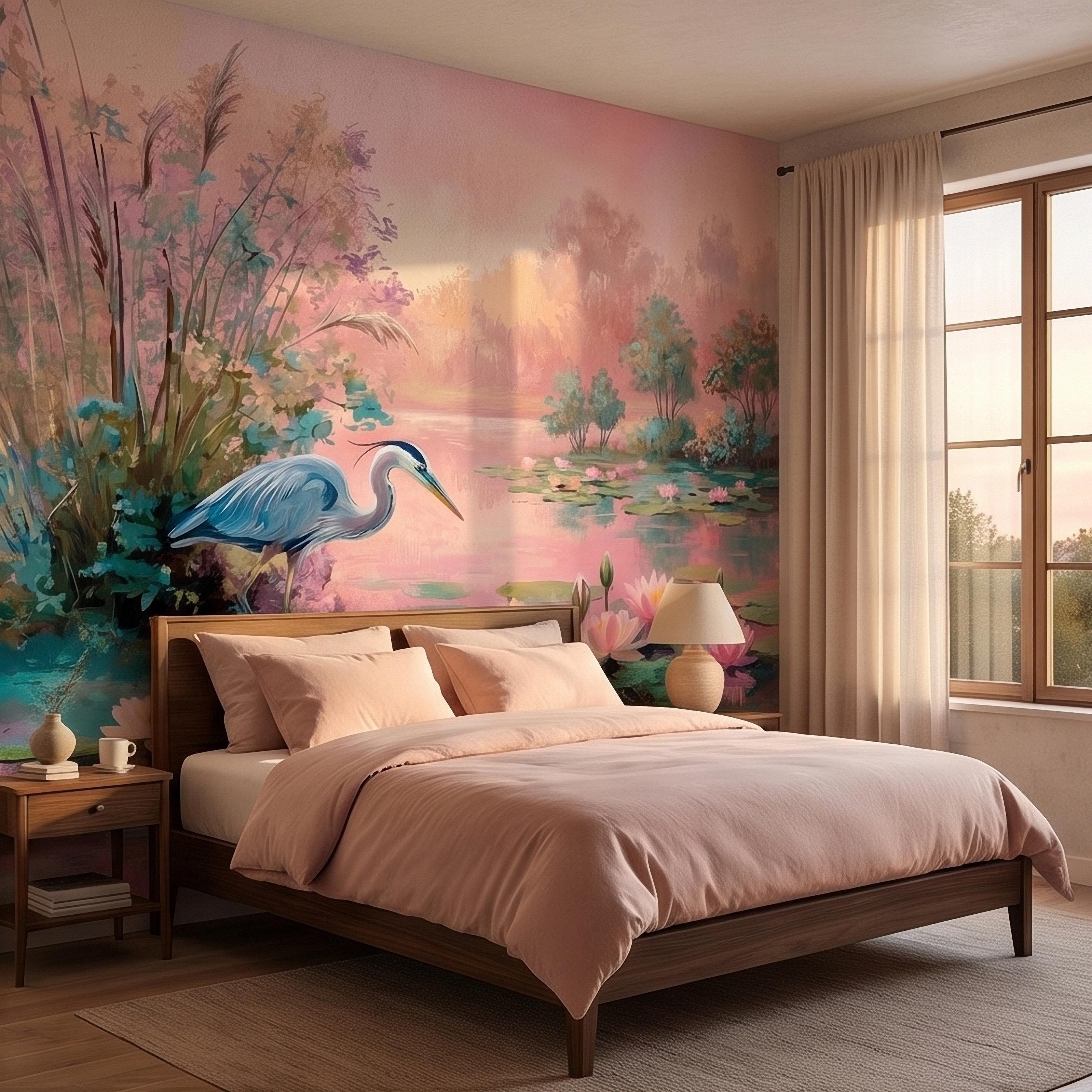 Blue Heron at Pink Lotus Pond Sunrise Serene Peel and Stick Wall Mural, Water Lily Lake Botanical Landscape Pastel Watercolor Wallpaper