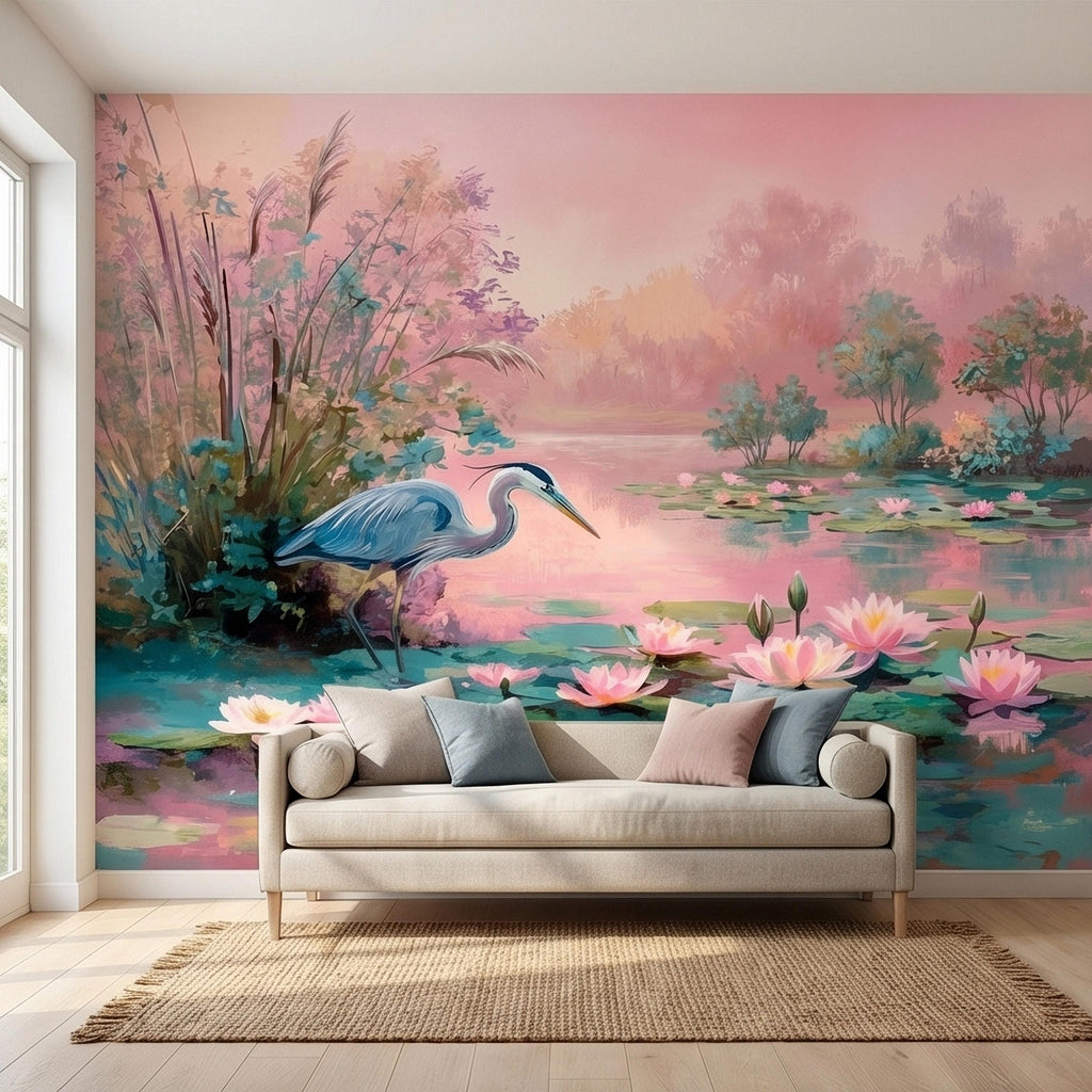 Blue Heron at Pink Lotus Pond Sunrise Serene Peel and Stick Wall Mural, Water Lily Lake Botanical Landscape Pastel Watercolor Wallpaper