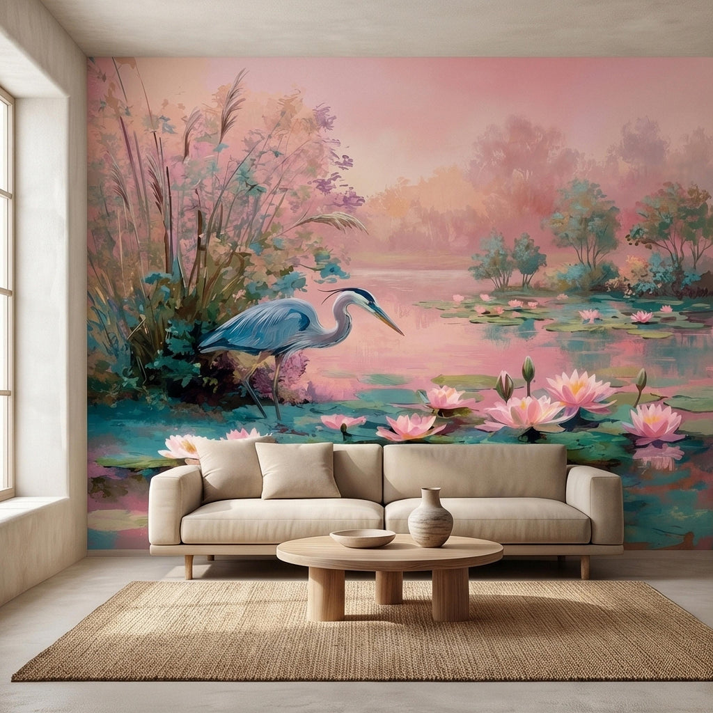 Blue Heron at Pink Lotus Pond Sunrise Serene Peel and Stick Wall Mural, Water Lily Lake Botanical Landscape Pastel Watercolor Wallpaper