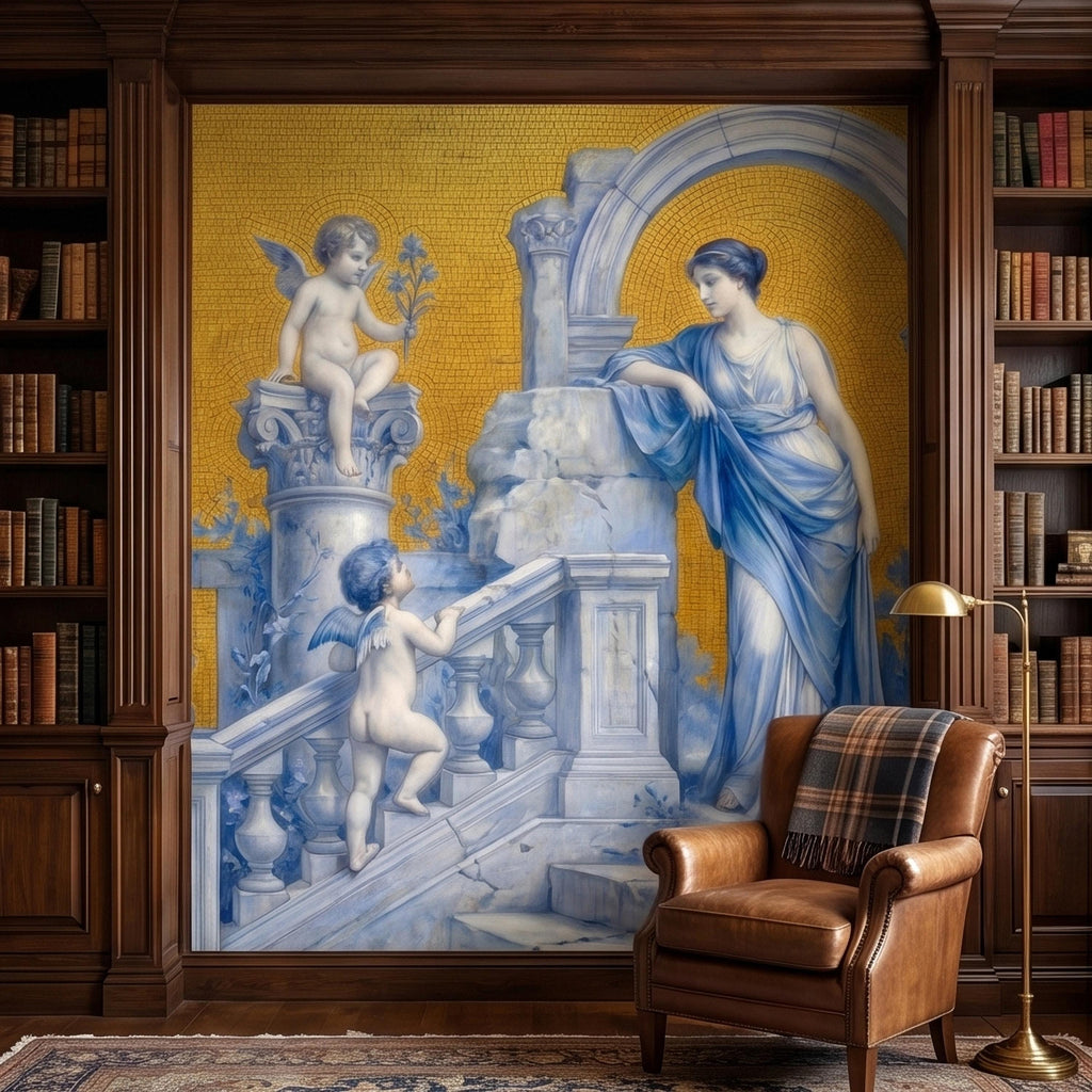 Vintage Grecian Goddess and Cherubs Blue White Marble Ruins Old Mosaic Peel and Stick Wall Mural, Classical Roman Fresco Wallpaper