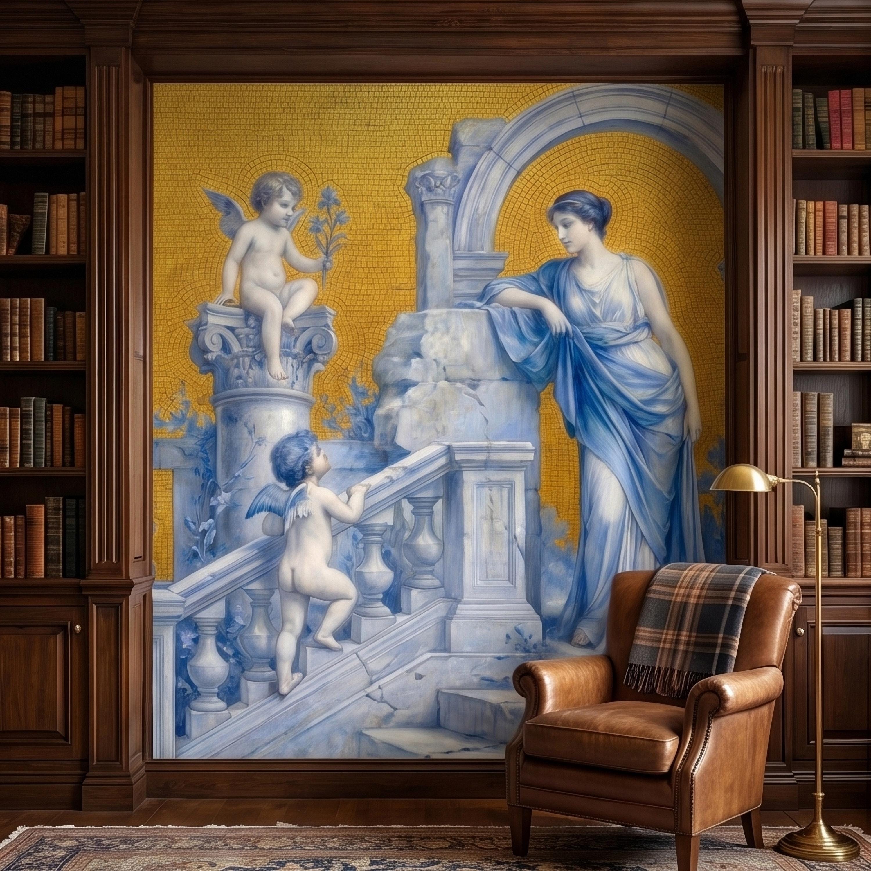 Vintage Grecian Goddess and Cherubs Blue White Marble Ruins Old Mosaic Peel and Stick Wall Mural, Classical Roman Fresco Wallpaper