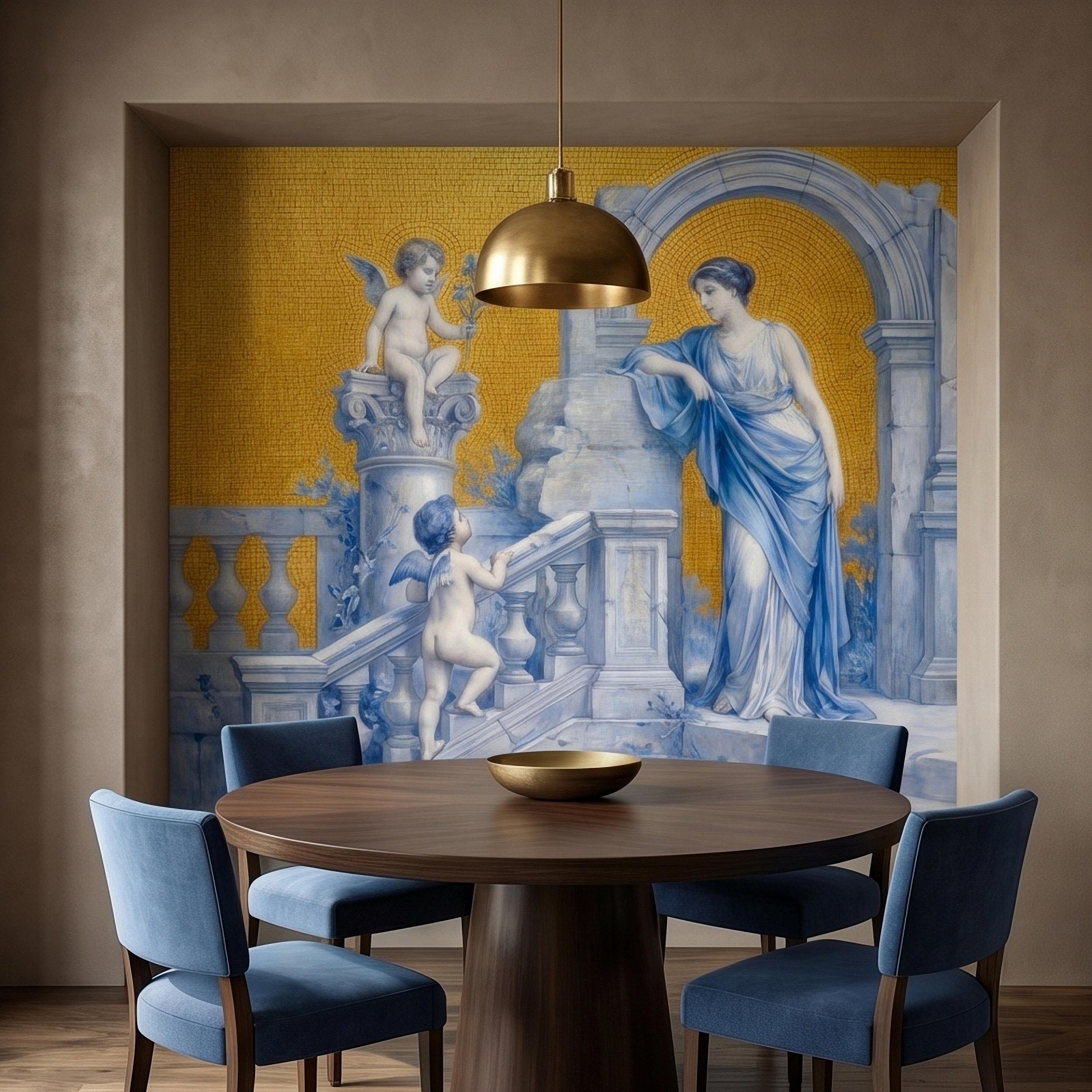 Vintage Grecian Goddess and Cherubs Blue White Marble Ruins Old Mosaic Peel and Stick Wall Mural, Classical Roman Fresco Wallpaper
