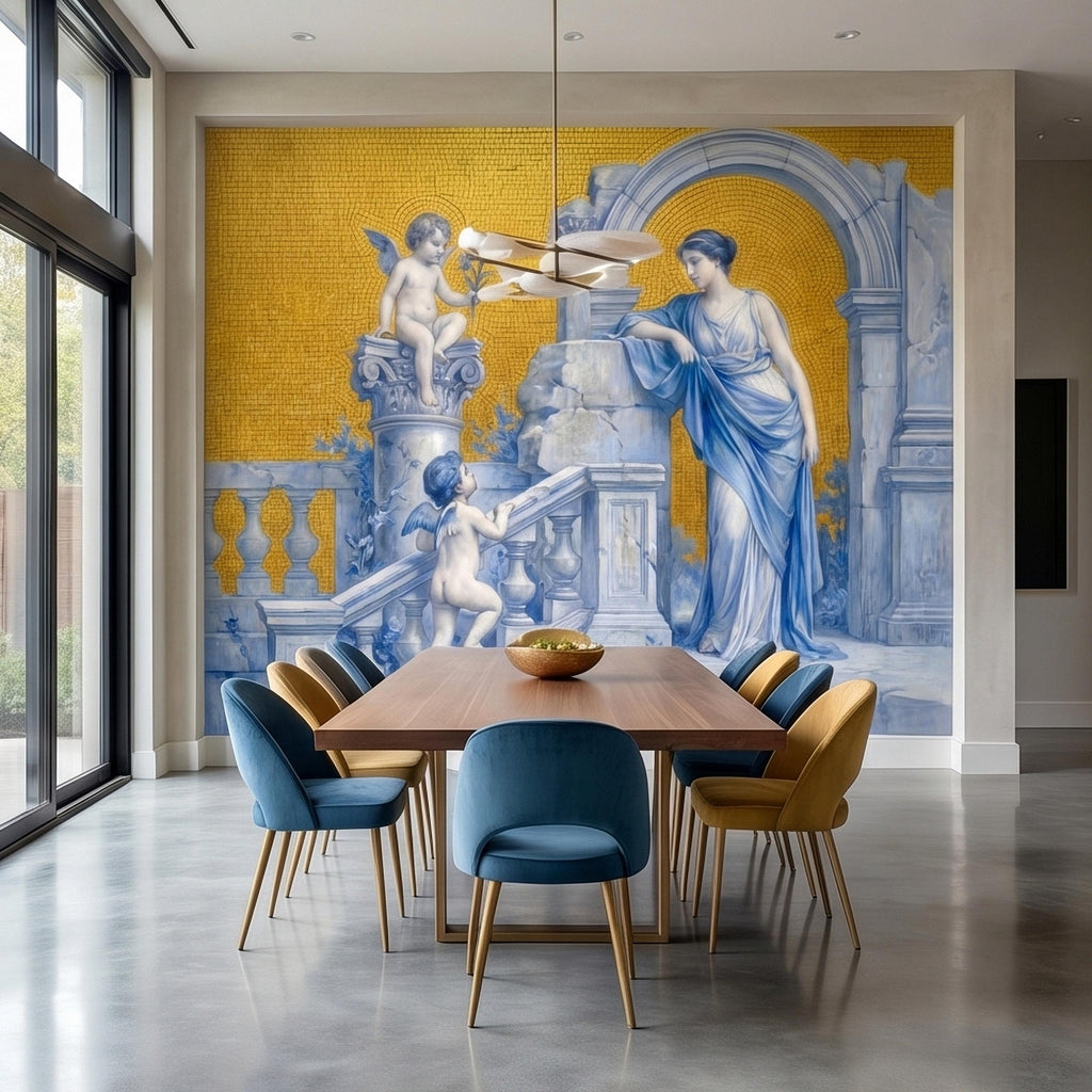 Vintage Grecian Goddess and Cherubs Blue White Marble Ruins Old Mosaic Peel and Stick Wall Mural, Classical Roman Fresco Wallpaper