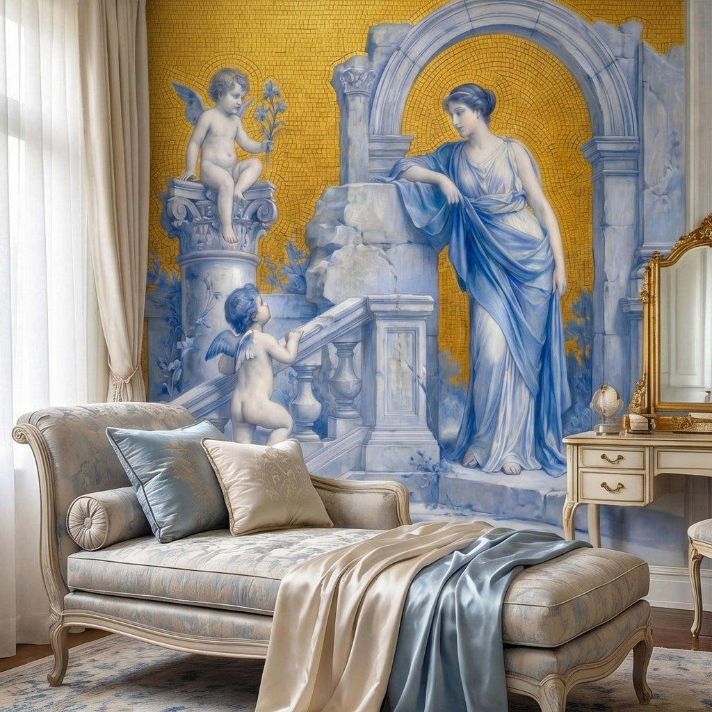 Vintage Grecian Goddess and Cherubs Blue White Marble Ruins Old Mosaic Peel and Stick Wall Mural, Classical Roman Fresco Wallpaper