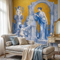 Vintage Grecian Goddess and Cherubs Blue White Marble Ruins Old Mosaic Peel and Stick Wall Mural, Classical Roman Fresco Wallpaper