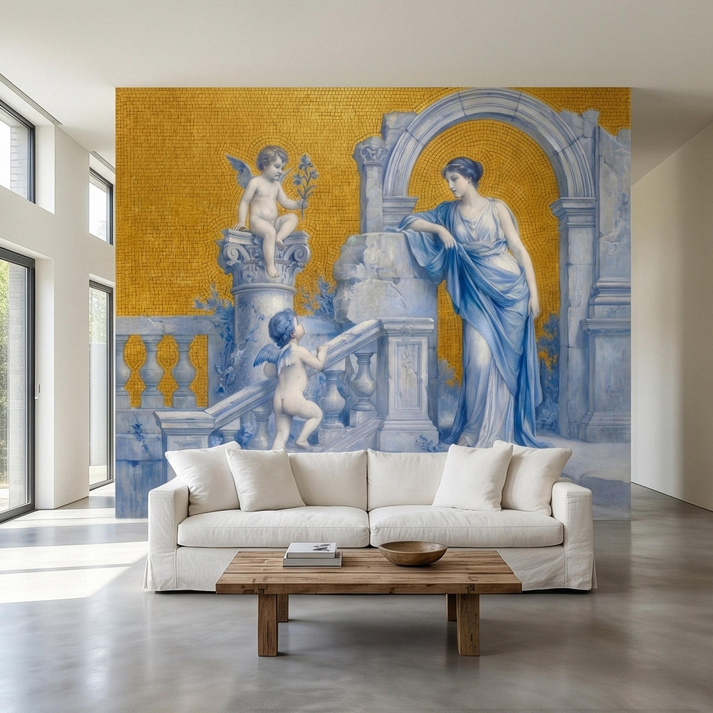 Vintage Grecian Goddess and Cherubs Blue White Marble Ruins Old Mosaic Peel and Stick Wall Mural, Classical Roman Fresco Wallpaper