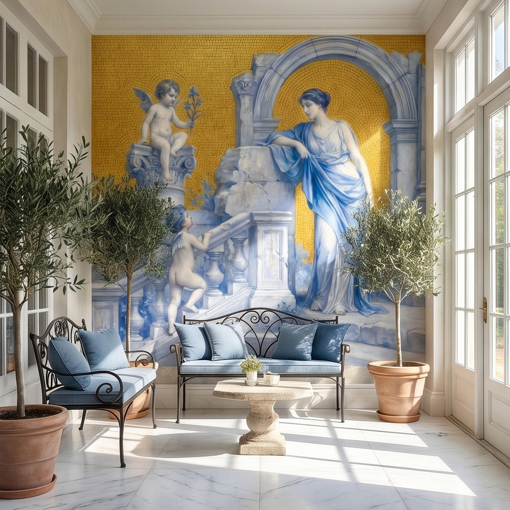 Vintage Grecian Goddess and Cherubs Blue White Marble Ruins Old Mosaic Peel and Stick Wall Mural, Classical Roman Fresco Wallpaper
