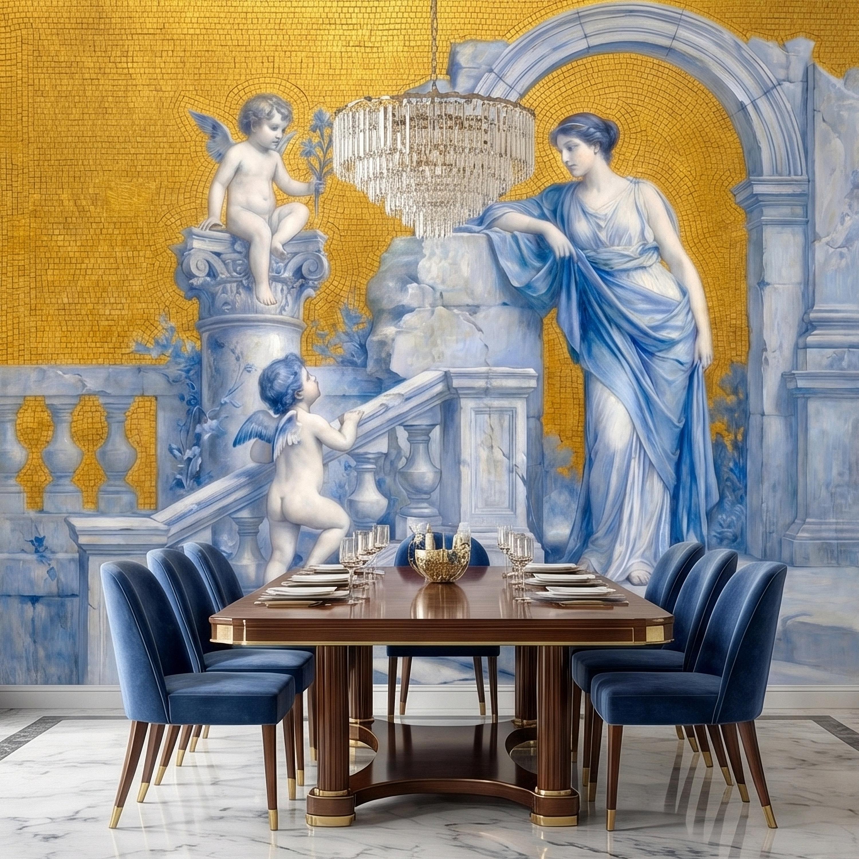 Vintage Grecian Goddess and Cherubs Blue White Marble Ruins Old Mosaic Peel and Stick Wall Mural, Classical Roman Fresco Wallpaper