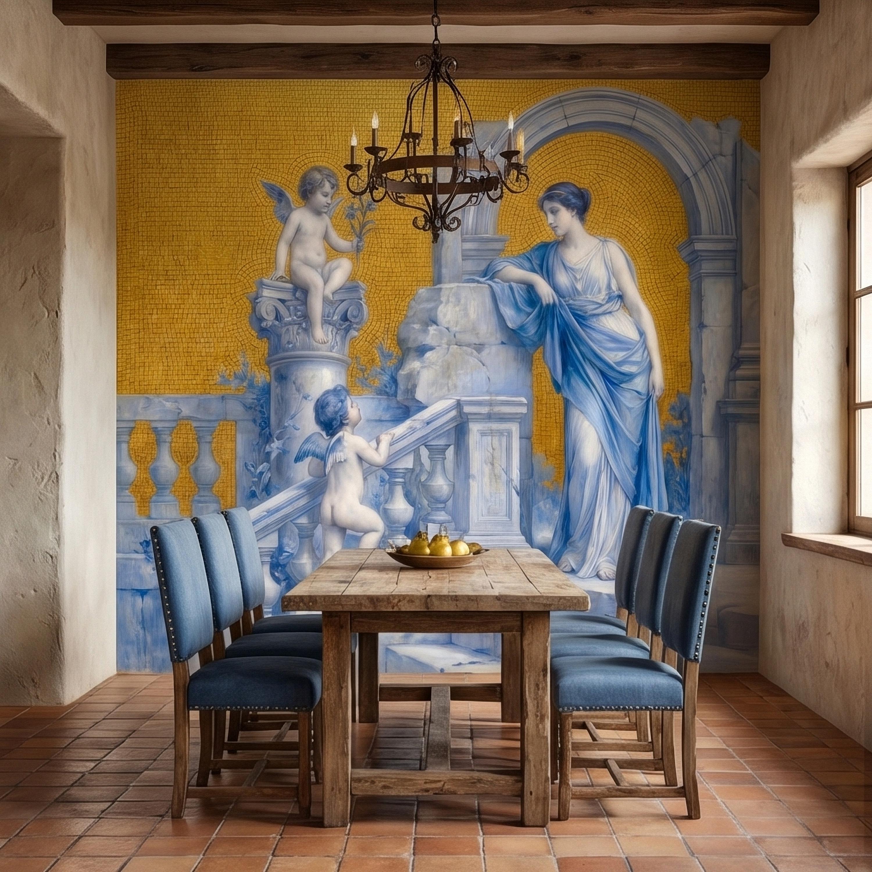 Vintage Grecian Goddess and Cherubs Blue White Marble Ruins Old Mosaic Peel and Stick Wall Mural, Classical Roman Fresco Wallpaper