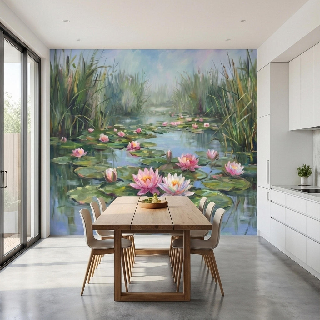 Water Lily Pond Landscape Painting with Pink Lotus Flowers Peel and Stick Wall Mural, Serene Botanical Lake Marsh Impressionist Wallpaper