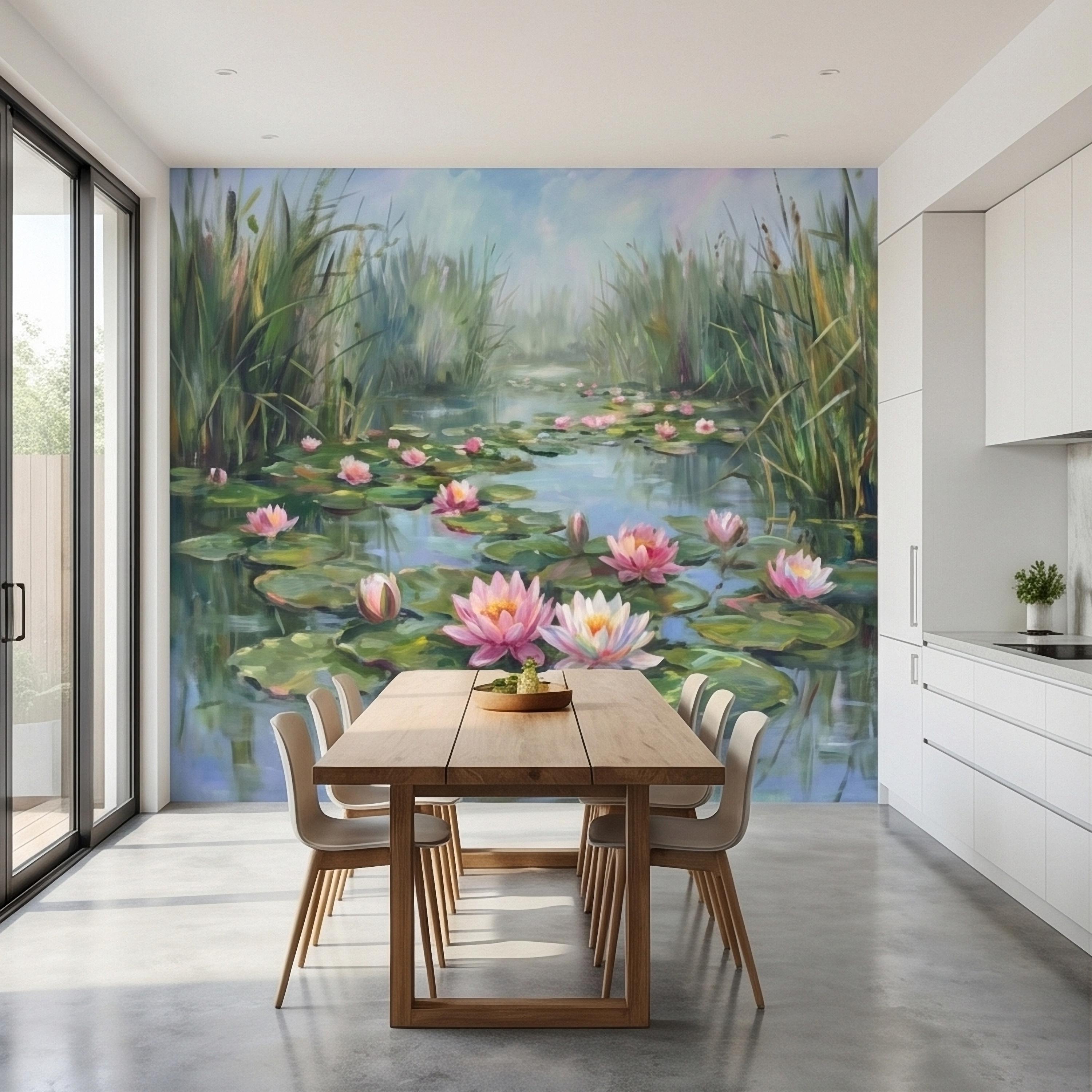 Water Lily Pond Landscape Painting with Pink Lotus Flowers Peel and Stick Wall Mural, Serene Botanical Lake Marsh Impressionist Wallpaper