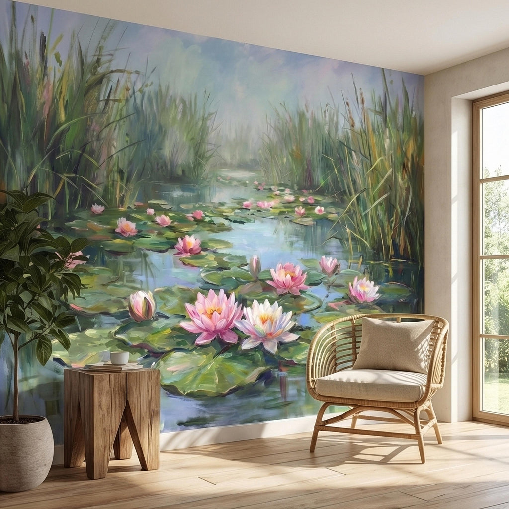 Water Lily Pond Landscape Painting with Pink Lotus Flowers Peel and Stick Wall Mural, Serene Botanical Lake Marsh Impressionist Wallpaper