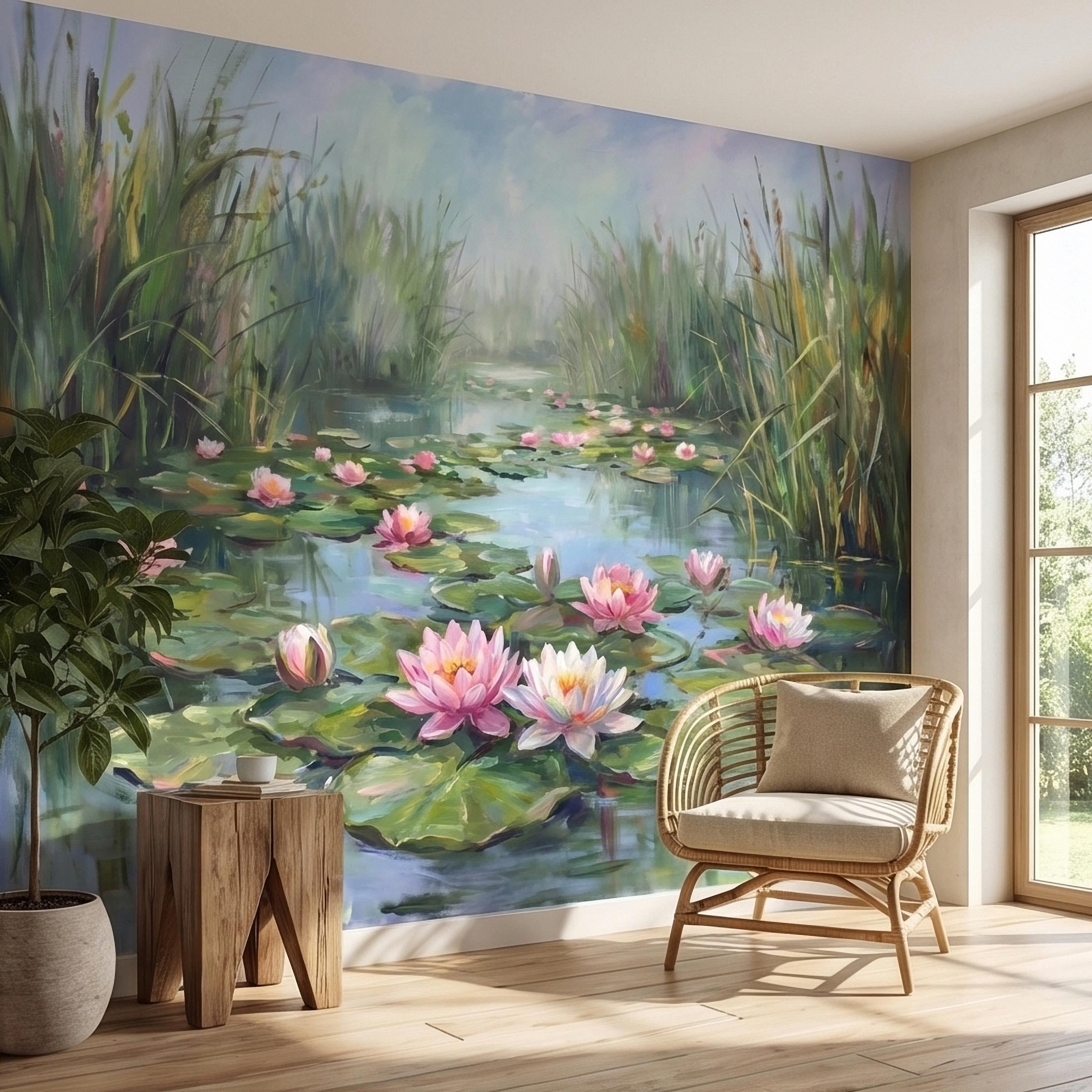 Water Lily Pond Landscape Painting with Pink Lotus Flowers Peel and Stick Wall Mural, Serene Botanical Lake Marsh Impressionist Wallpaper