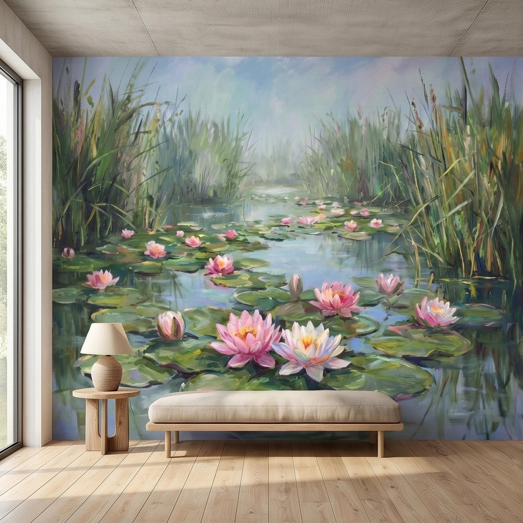 Water Lily Pond Landscape Painting with Pink Lotus Flowers Peel and Stick Wall Mural, Serene Botanical Lake Marsh Impressionist Wallpaper
