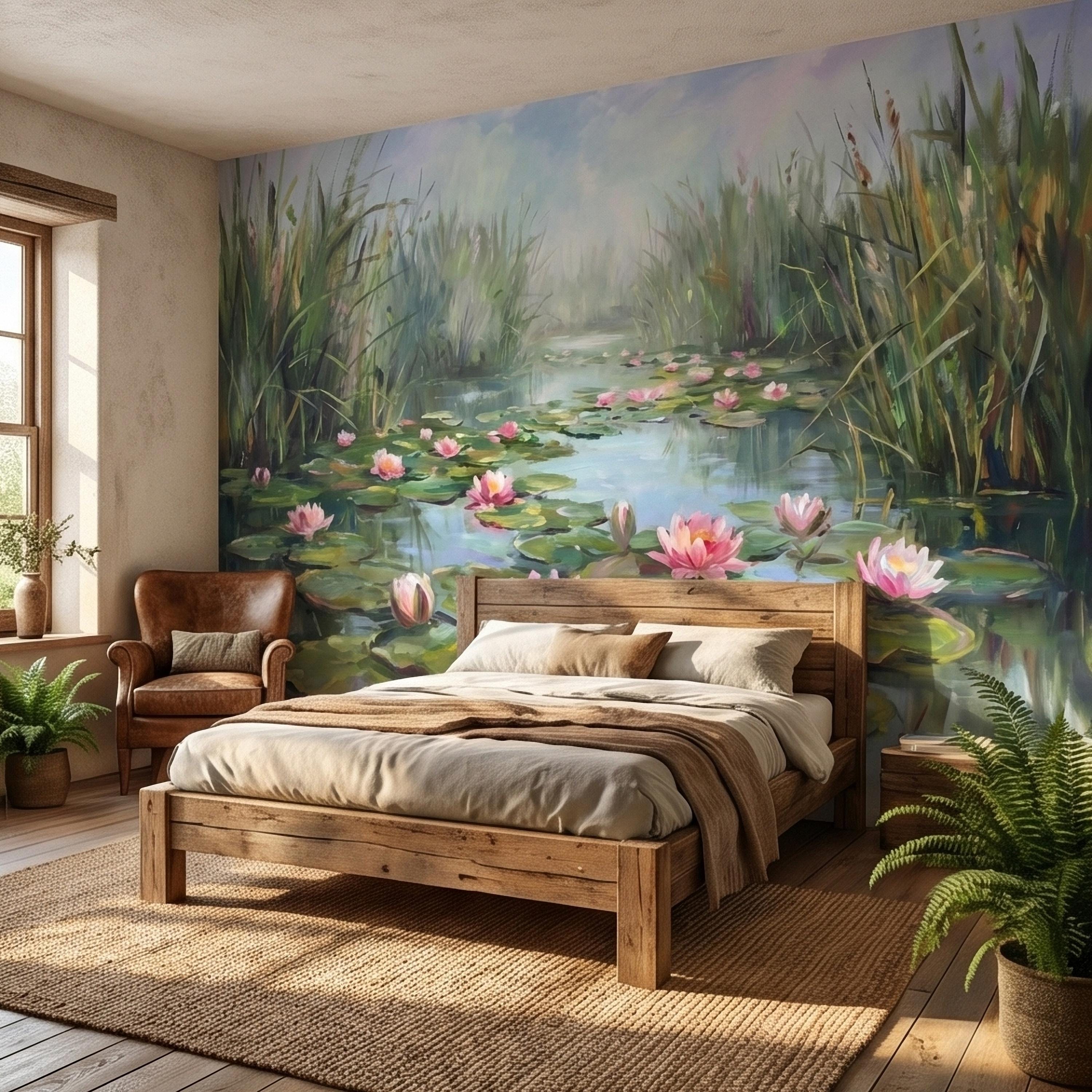 Water Lily Pond Landscape Painting with Pink Lotus Flowers Peel and Stick Wall Mural, Serene Botanical Lake Marsh Impressionist Wallpaper