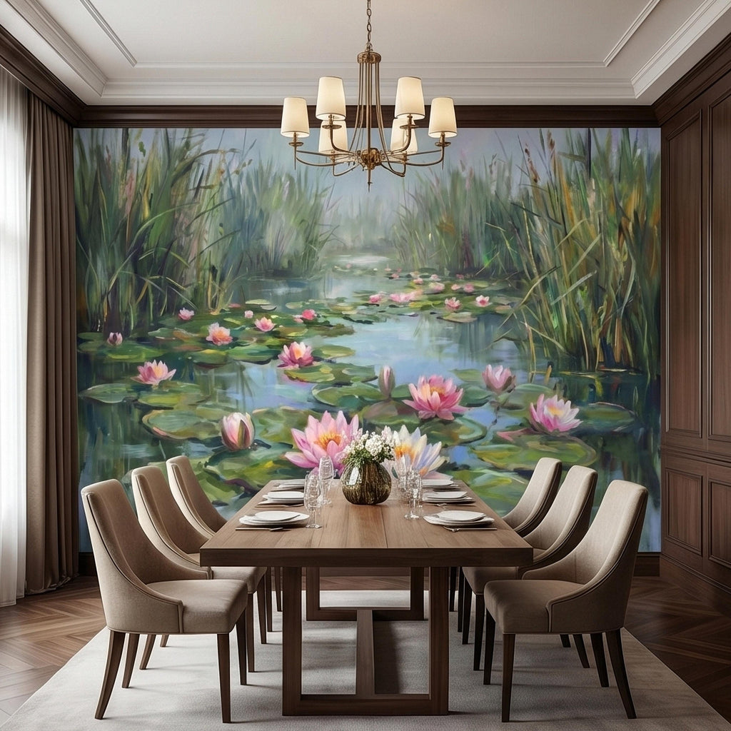 Water Lily Pond Landscape Painting with Pink Lotus Flowers Peel and Stick Wall Mural, Serene Botanical Lake Marsh Impressionist Wallpaper