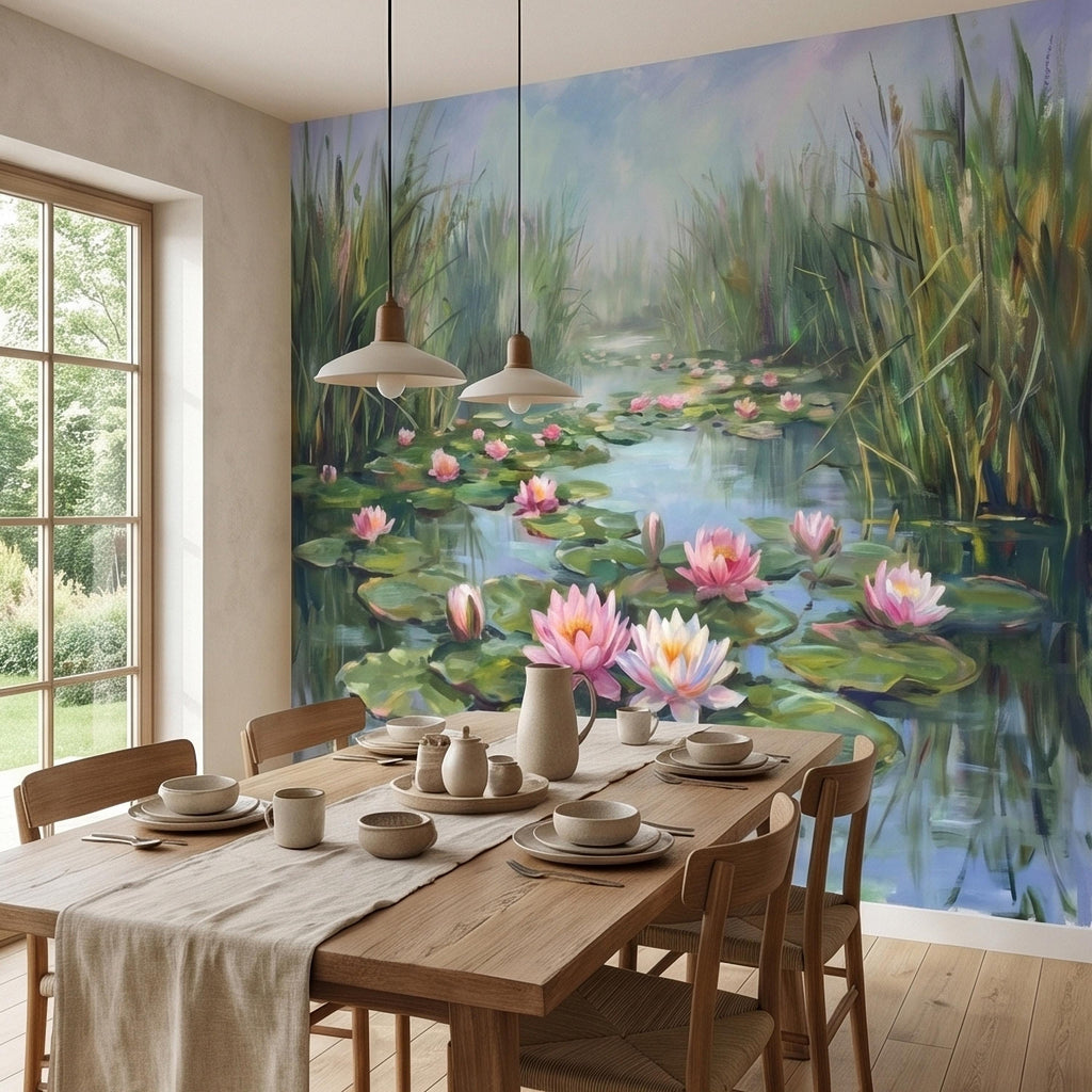 Water Lily Pond Landscape Painting with Pink Lotus Flowers Peel and Stick Wall Mural, Serene Botanical Lake Marsh Impressionist Wallpaper