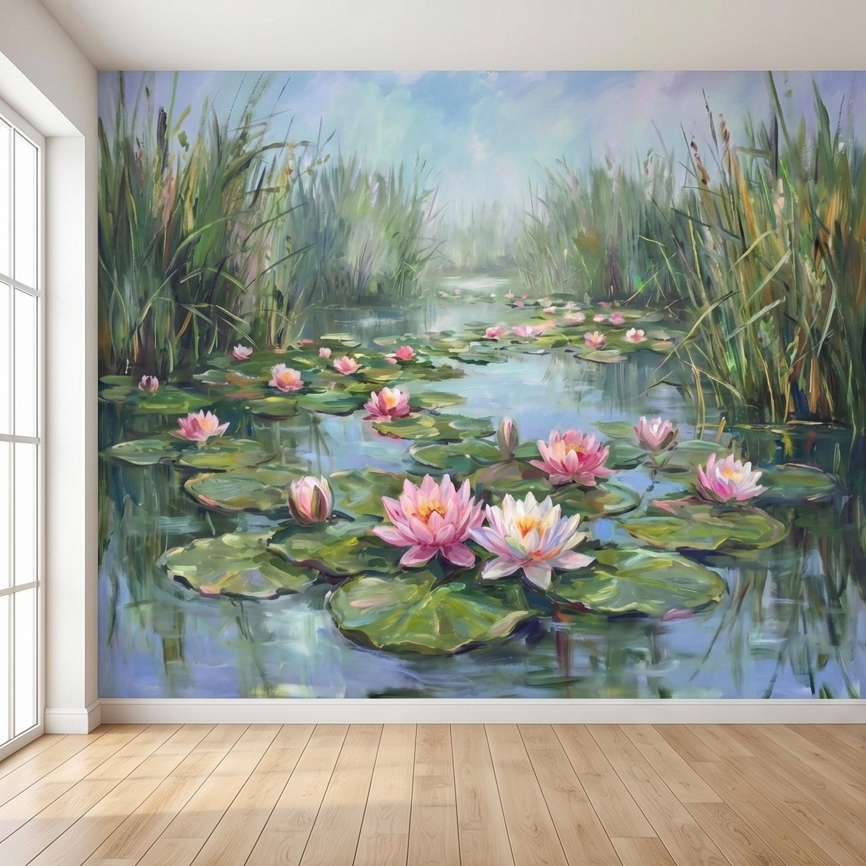 Water Lily Pond Landscape Painting with Pink Lotus Flowers Peel and Stick Wall Mural, Serene Botanical Lake Marsh Impressionist Wallpaper