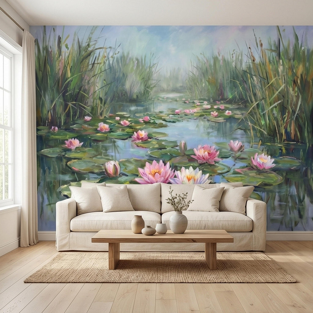 Water Lily Pond Landscape Painting with Pink Lotus Flowers Peel and Stick Wall Mural, Serene Botanical Lake Marsh Impressionist Wallpaper