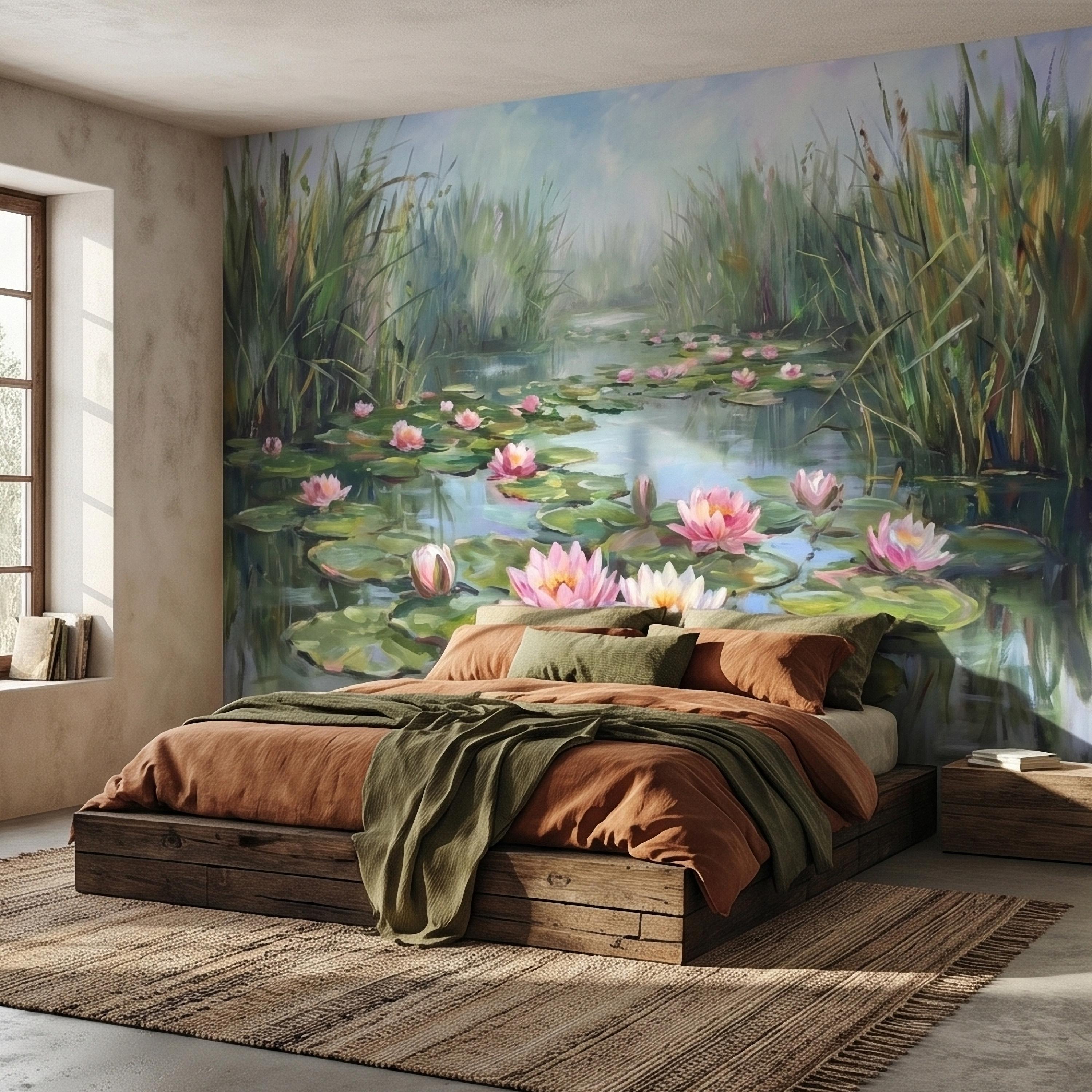 Water Lily Pond Landscape Painting with Pink Lotus Flowers Peel and Stick Wall Mural, Serene Botanical Lake Marsh Impressionist Wallpaper
