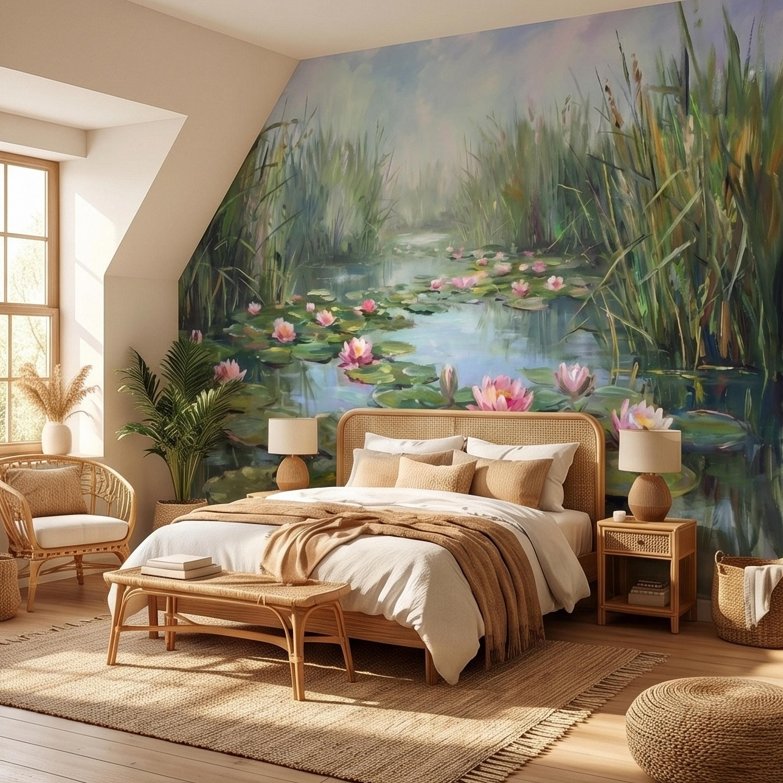 Water Lily Pond Landscape Painting with Pink Lotus Flowers Peel and Stick Wall Mural, Serene Botanical Lake Marsh Impressionist Wallpaper