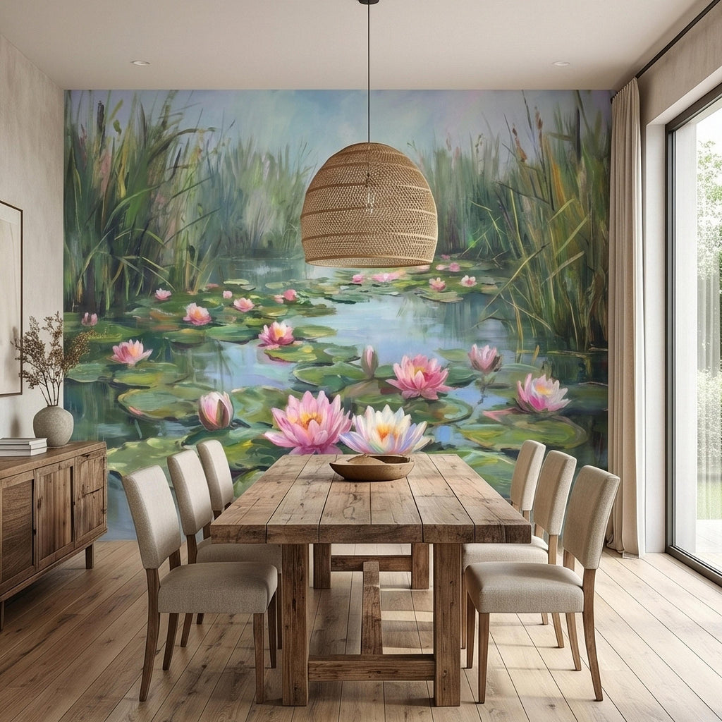 Water Lily Pond Landscape Painting with Pink Lotus Flowers Peel and Stick Wall Mural, Serene Botanical Lake Marsh Impressionist Wallpaper
