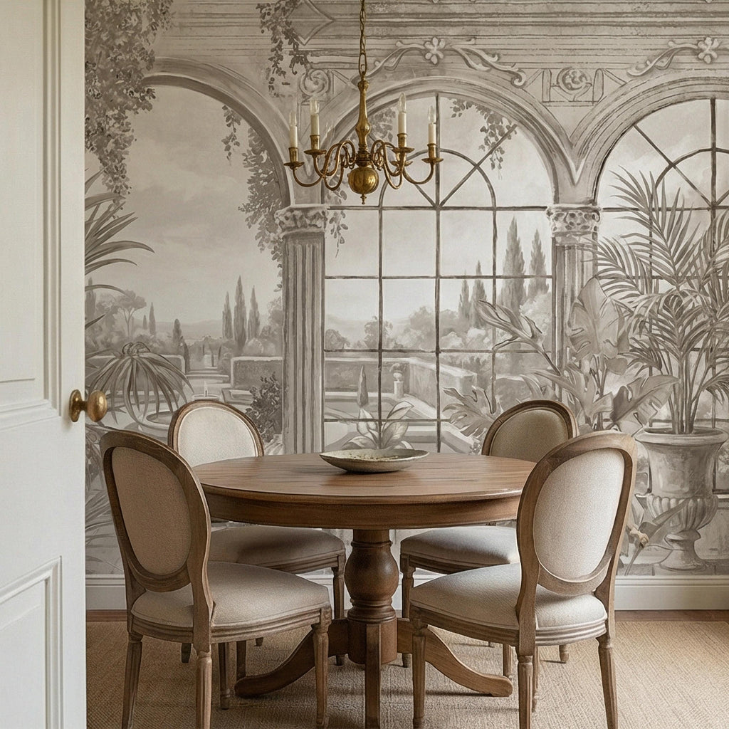 Neutral Architectural Peel and Stick Wall Mural, Elegant Conservatory View, Mediterranean Garden Scenic, Soft Beige Wallpaper