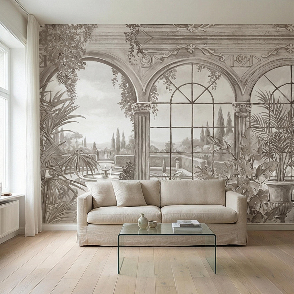 Neutral Architectural Peel and Stick Wall Mural, Elegant Conservatory View, Mediterranean Garden Scenic, Soft Beige Wallpaper