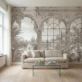 Neutral Architectural Peel and Stick Wall Mural, Elegant Conservatory View, Mediterranean Garden Scenic, Soft Beige Wallpaper
