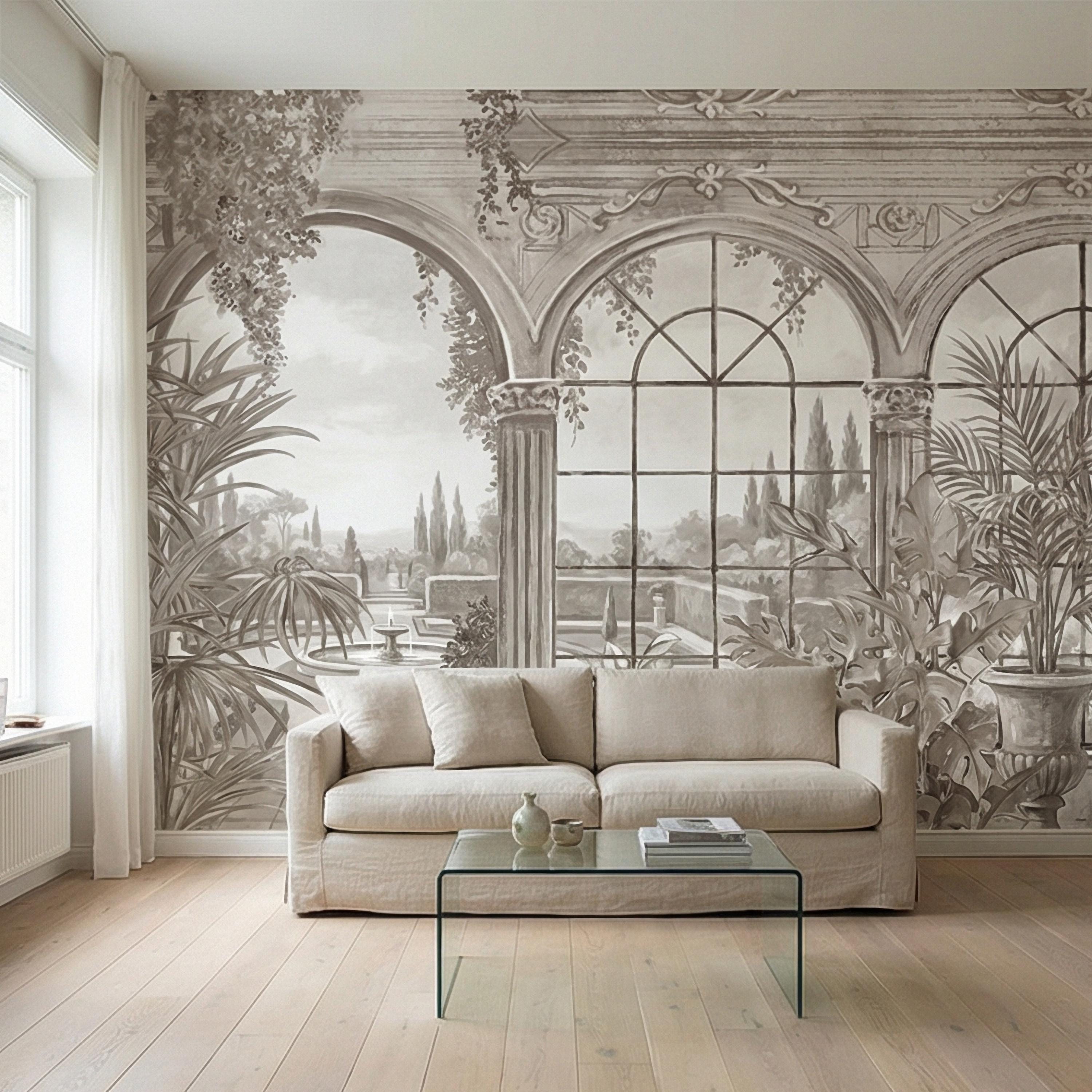 Neutral Architectural Peel and Stick Wall Mural, Elegant Conservatory View, Mediterranean Garden Scenic, Soft Beige Wallpaper