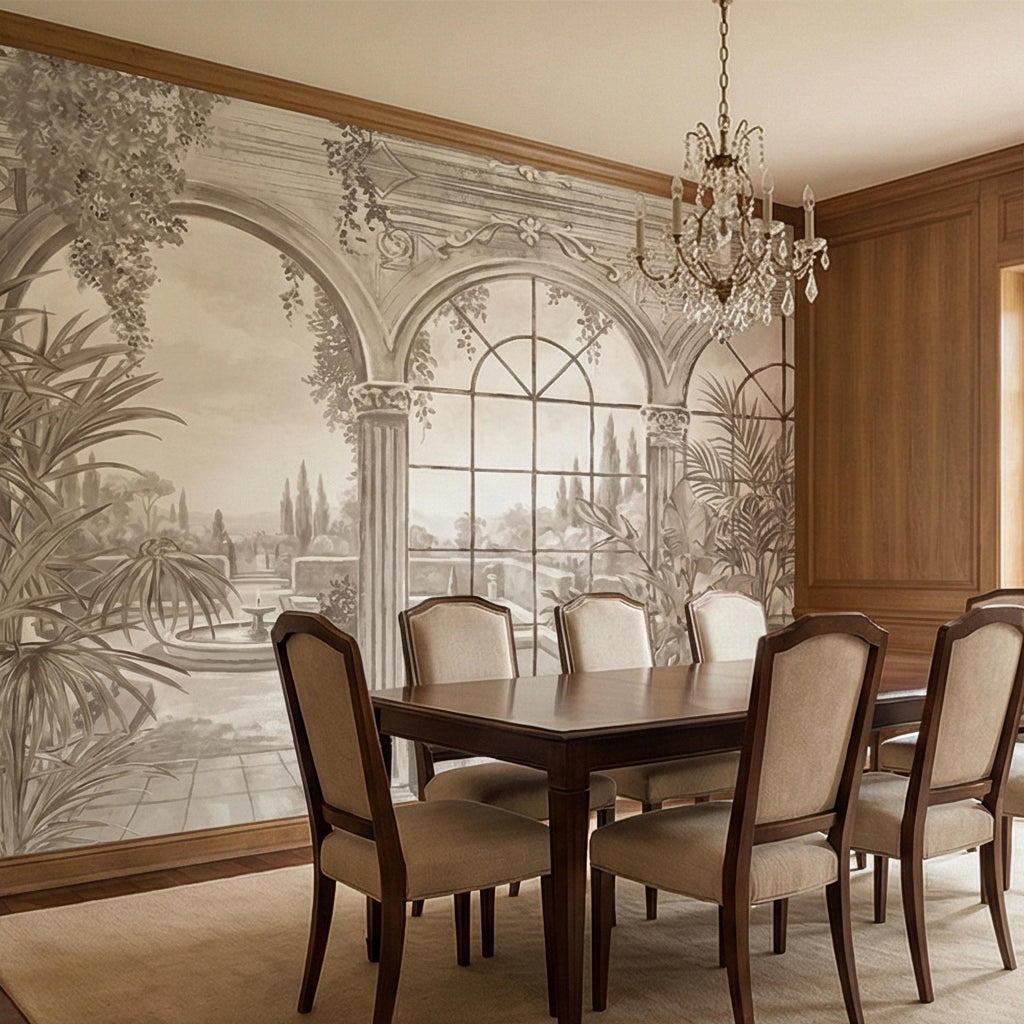 Neutral Architectural Peel and Stick Wall Mural, Elegant Conservatory View, Mediterranean Garden Scenic, Soft Beige Wallpaper