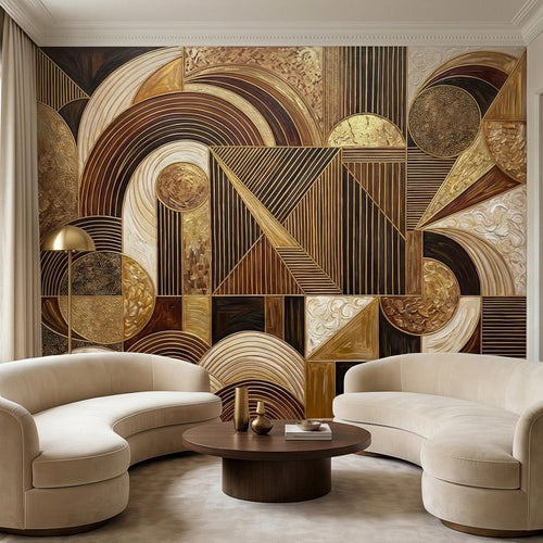 Geometric art deco wall mural with gold, brown, and beige arches and stripes