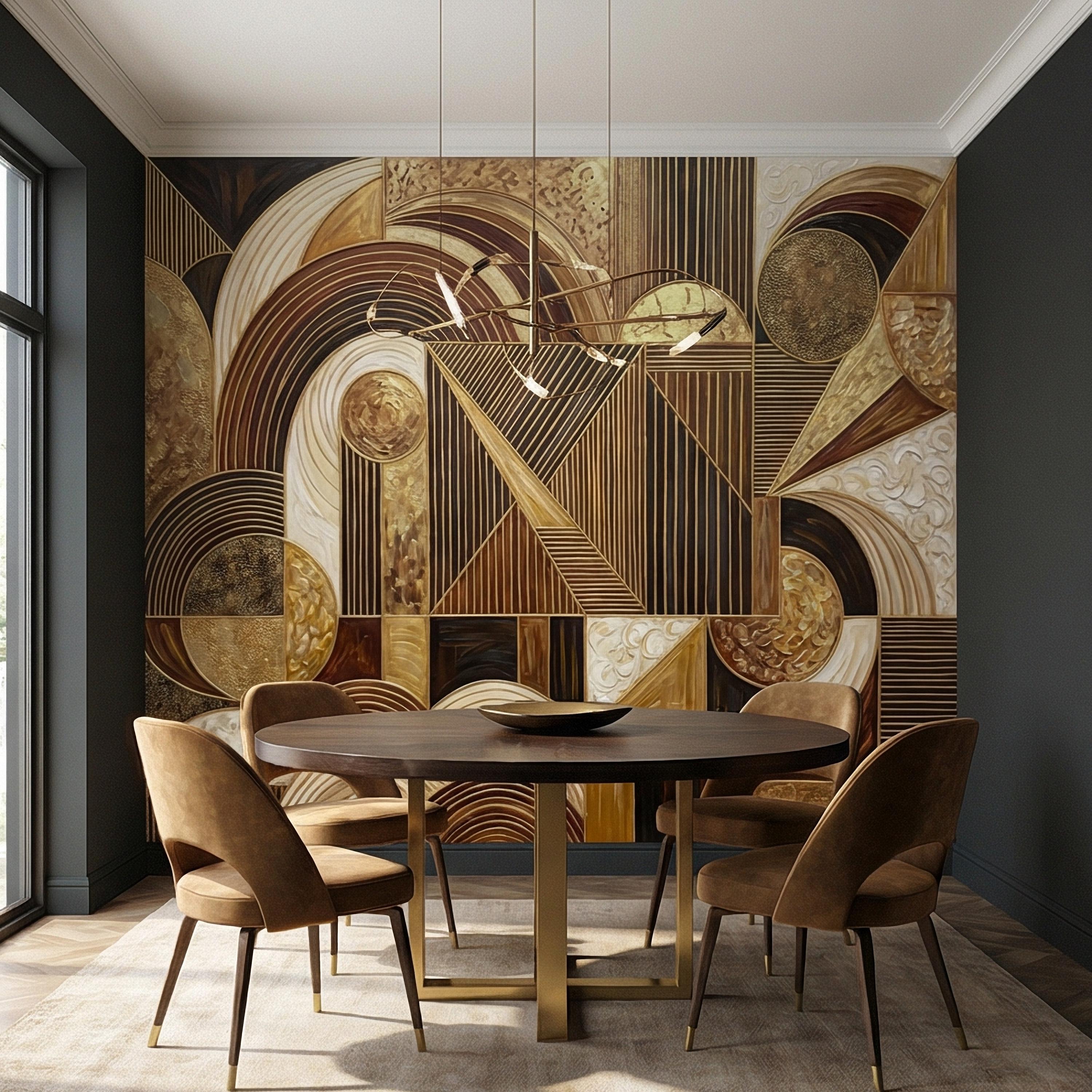Art Deco Peel and Stick Wall Mural, Geometric Abstract, Luxury Modern Brown Beige Statement Wallpaper
