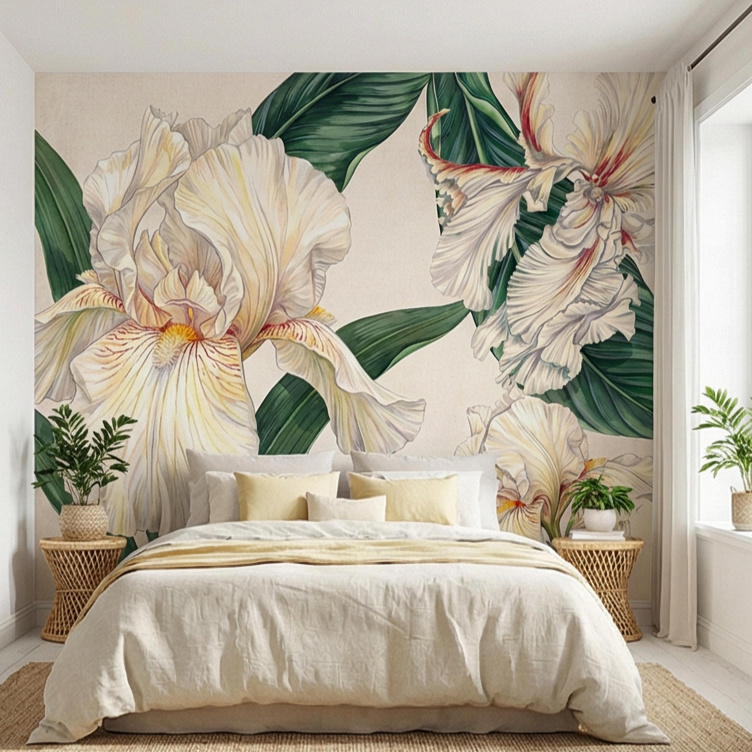 White Iris Peel and Stick Wall Mural, Elegant Botanical Floral, Soft Neutral Bloom, Large Flower Wallpaper