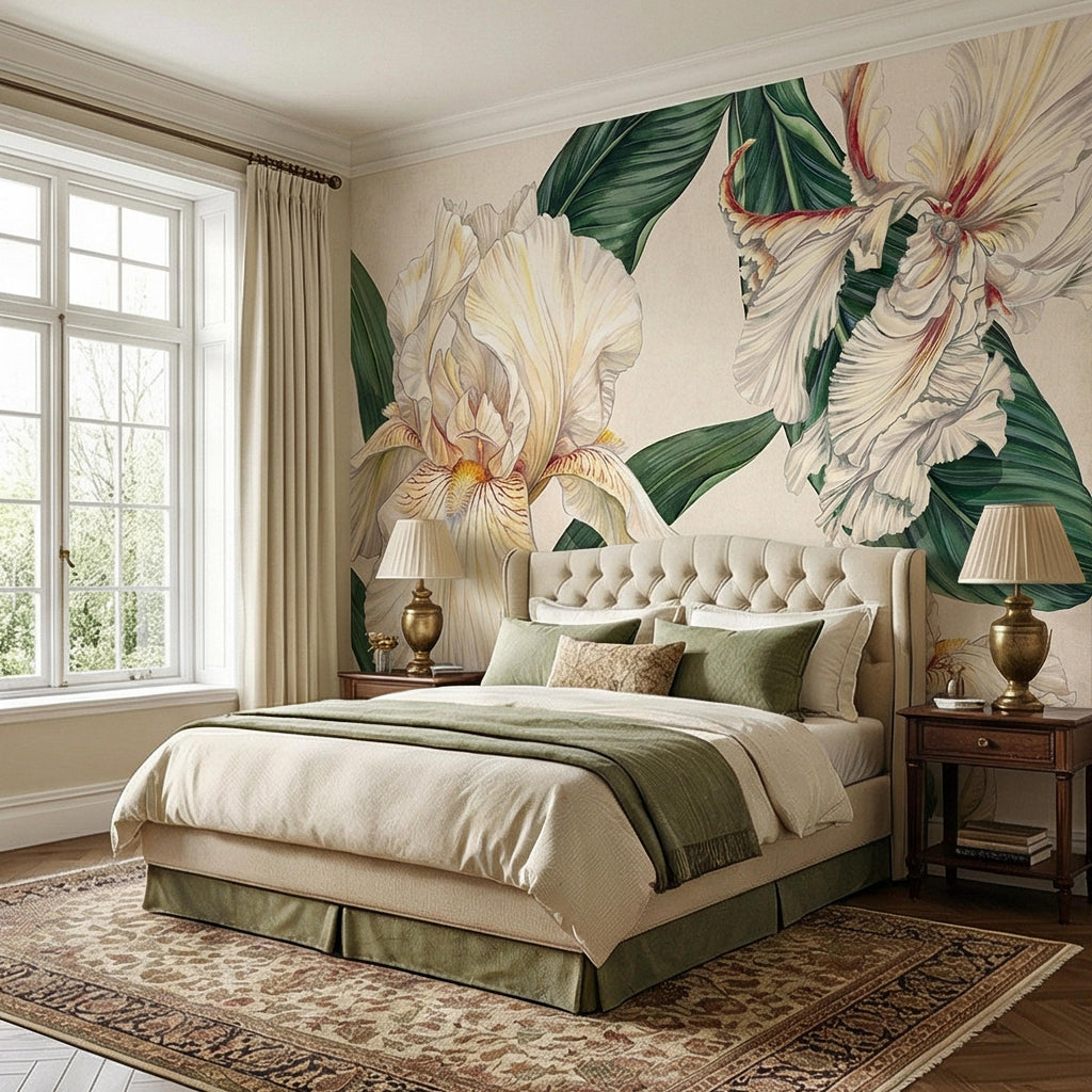 White Iris Peel and Stick Wall Mural, Elegant Botanical Floral, Soft Neutral Bloom, Large Flower Wallpaper