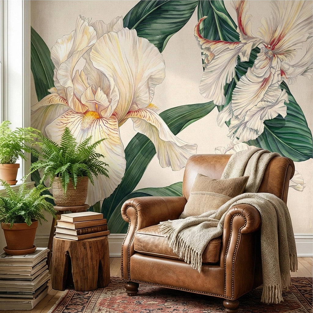 White Iris Peel and Stick Wall Mural, Elegant Botanical Floral, Soft Neutral Bloom, Large Flower Wallpaper