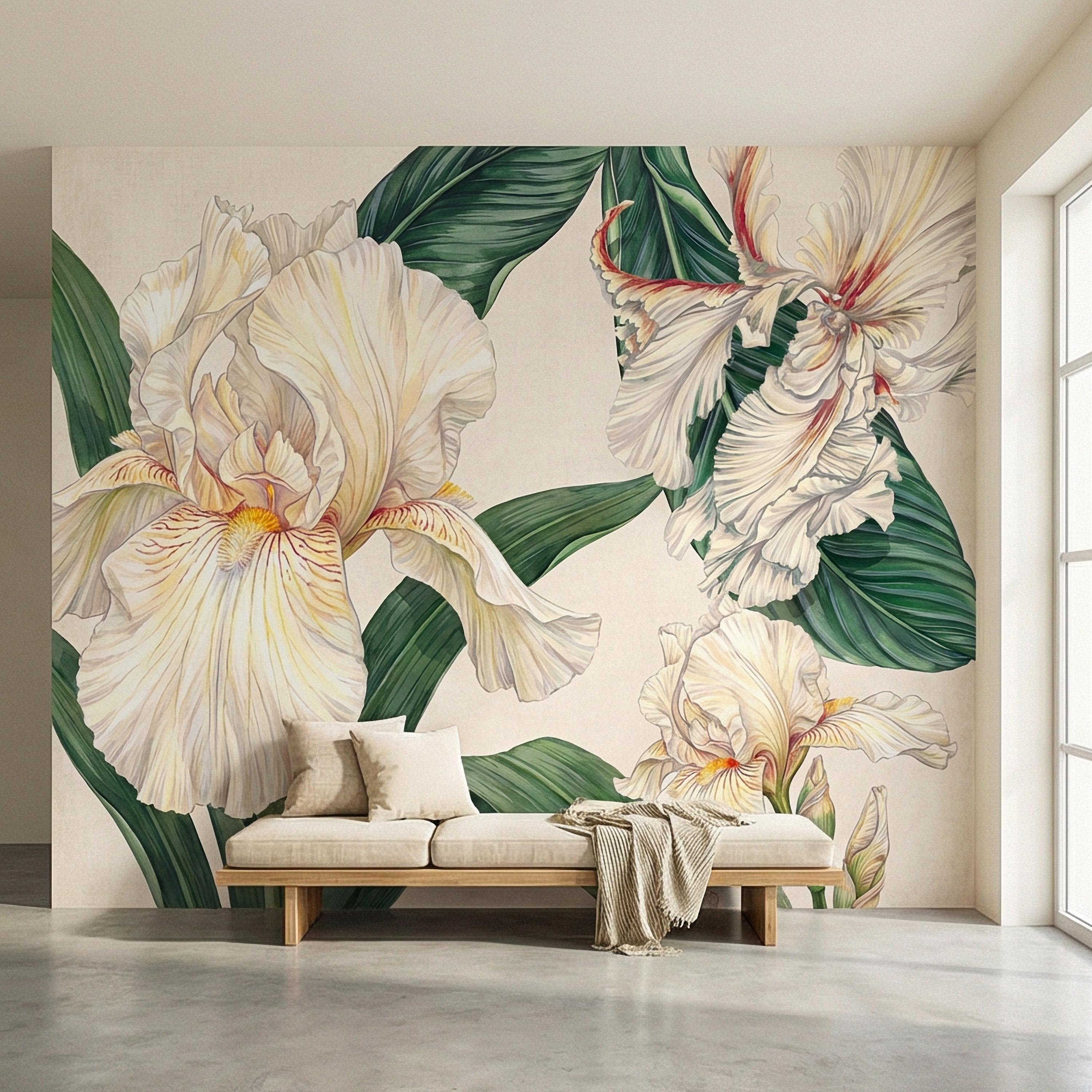 White Iris Peel and Stick Wall Mural, Elegant Botanical Floral, Soft Neutral Bloom, Large Flower Wallpaper